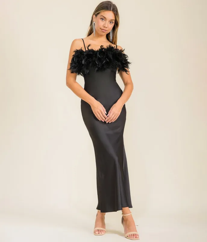 Black Satin & Feather Midi Dress sold by Unique Vintage