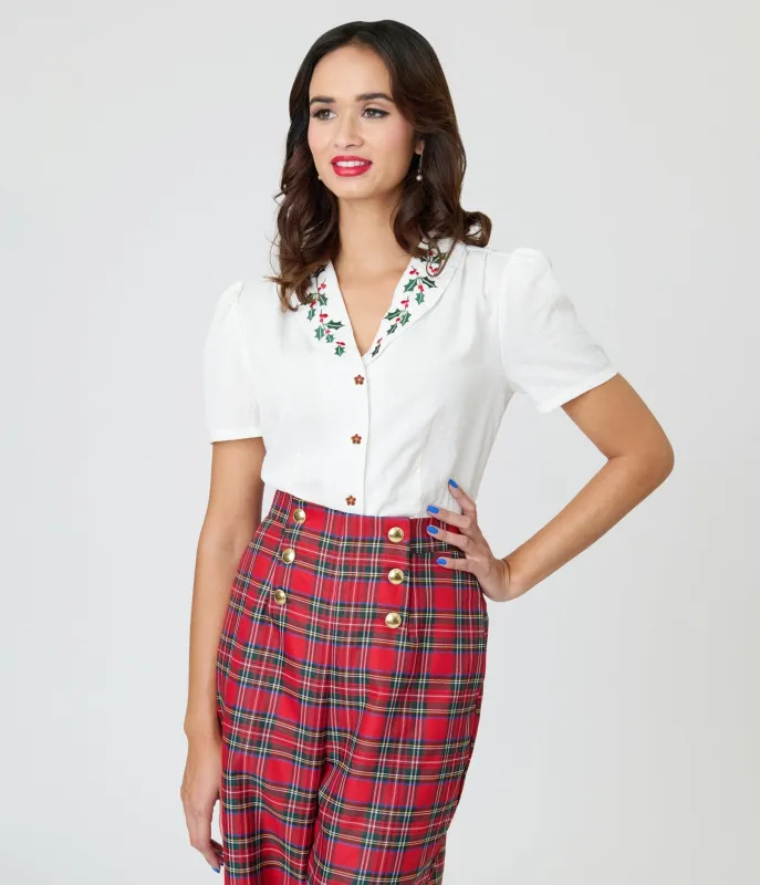 Unique Vintage White & Holly Embroidered Collar Blouse sold by Unique Vintage