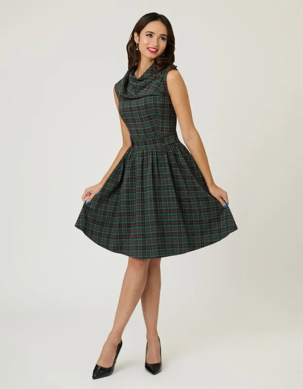 Smak Parlour Green & Red Plaid Funnel Neck Fit & Flare Dress sold by Unique Vintage