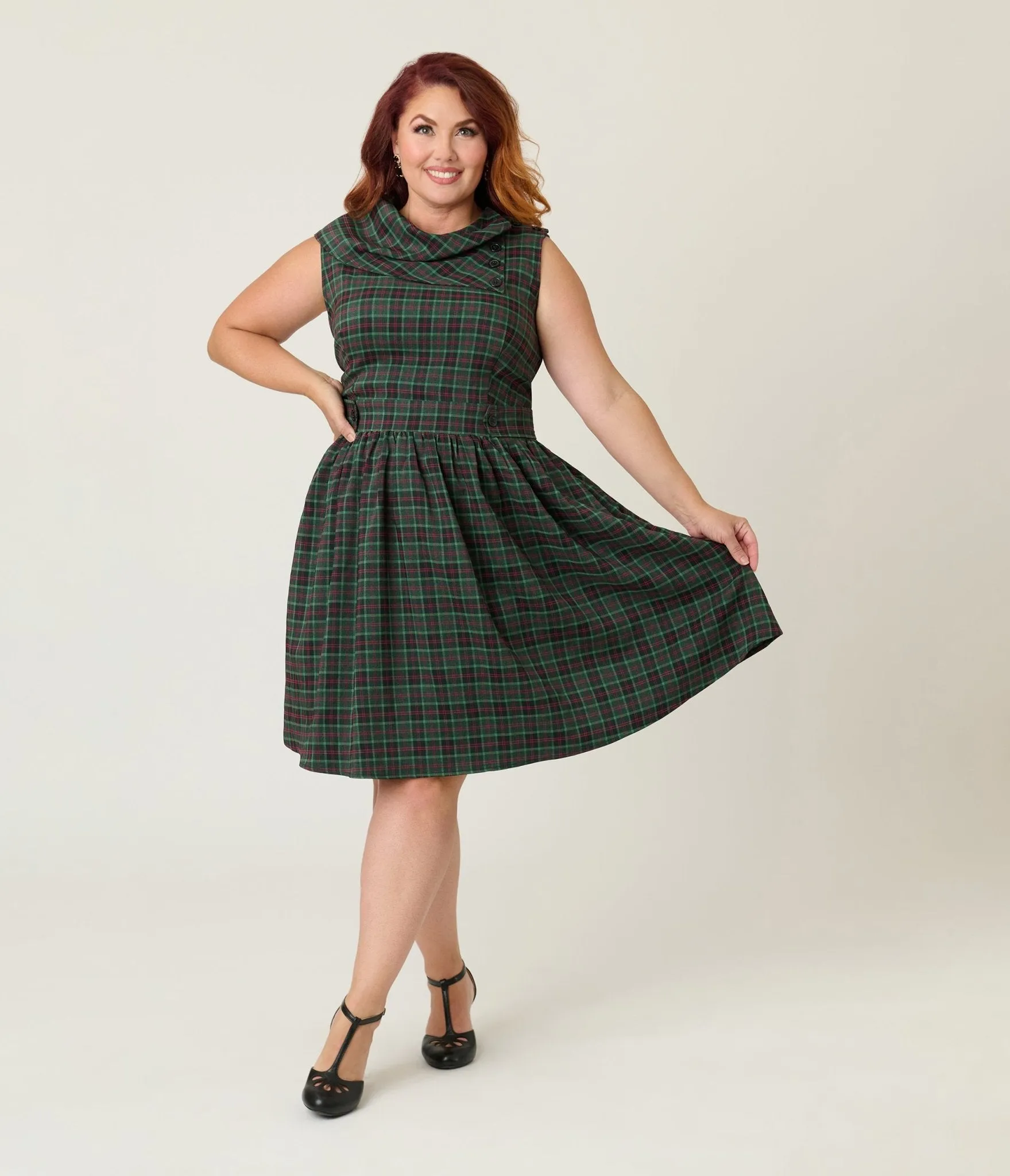 Smak Parlour Plus Size Green & Red Plaid Funnel Neck Fit & Flare Dress sold by Unique Vintage product image thumbnail 3