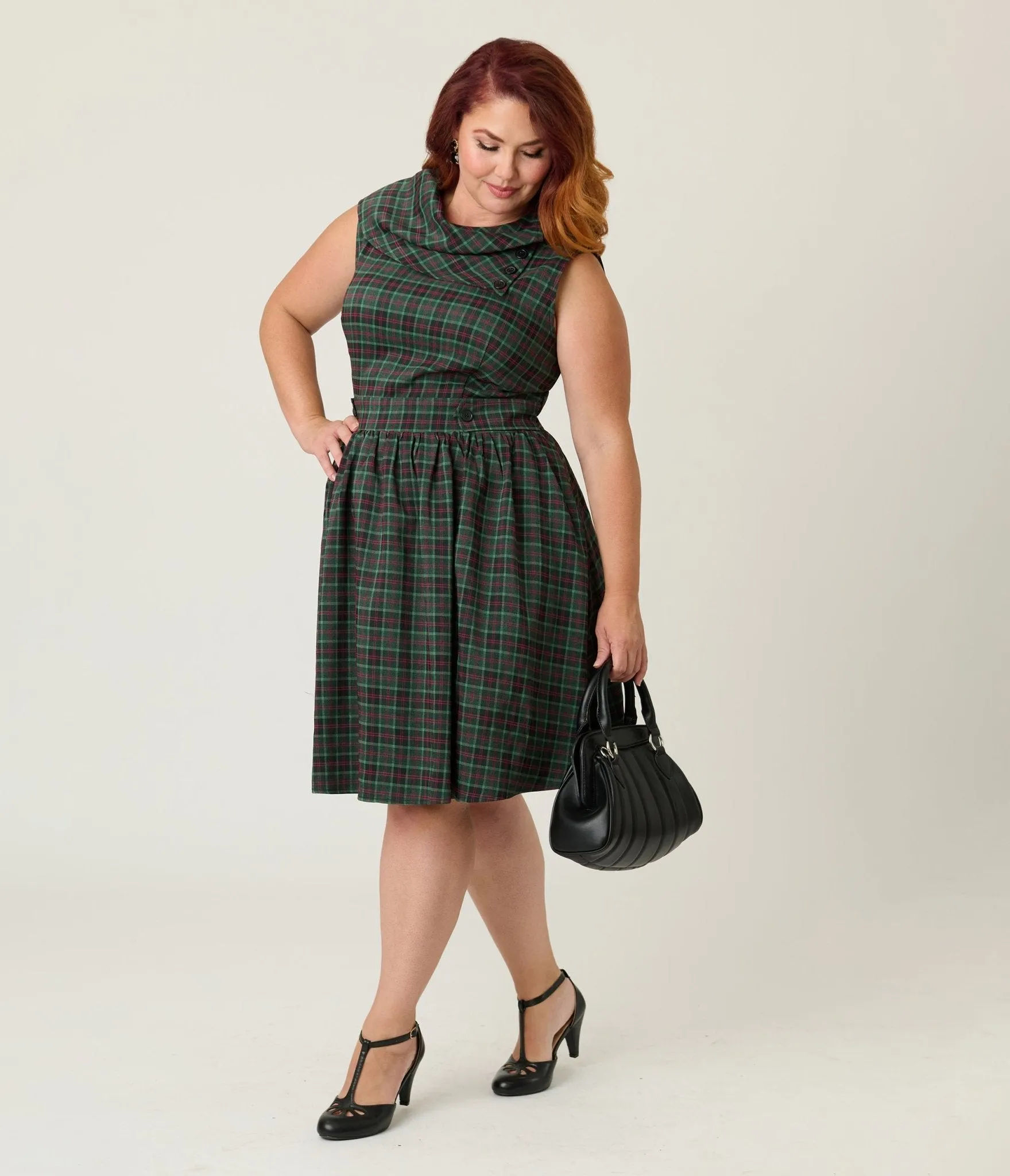 Smak Parlour Plus Size Green & Red Plaid Funnel Neck Fit & Flare Dress sold by Unique Vintage