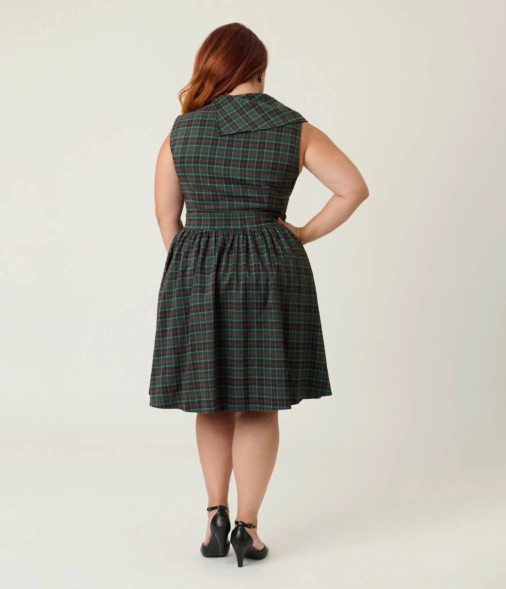 Smak Parlour Plus Size Green & Red Plaid Funnel Neck Fit & Flare Dress sold by Unique Vintage product image thumbnail 2
