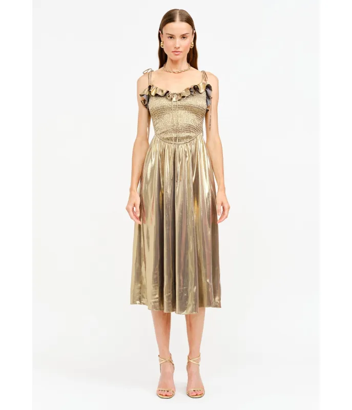 Gold Metallic Ruffle Cora Midi Dress sold by Unique Vintage