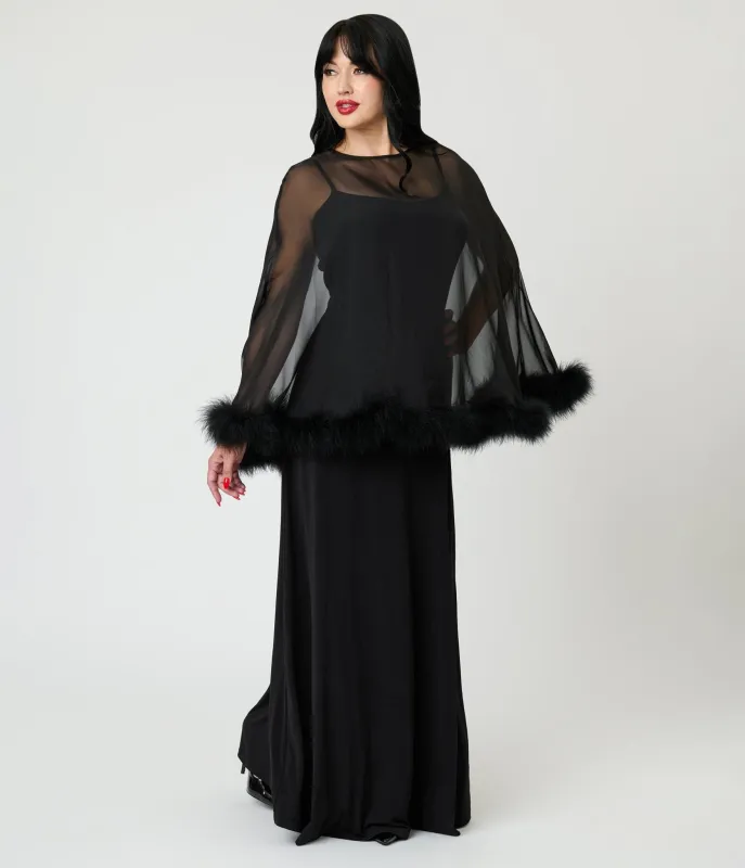 Smak Parlour Black Feathered Cape Maxi Dress made by Unique Vintage