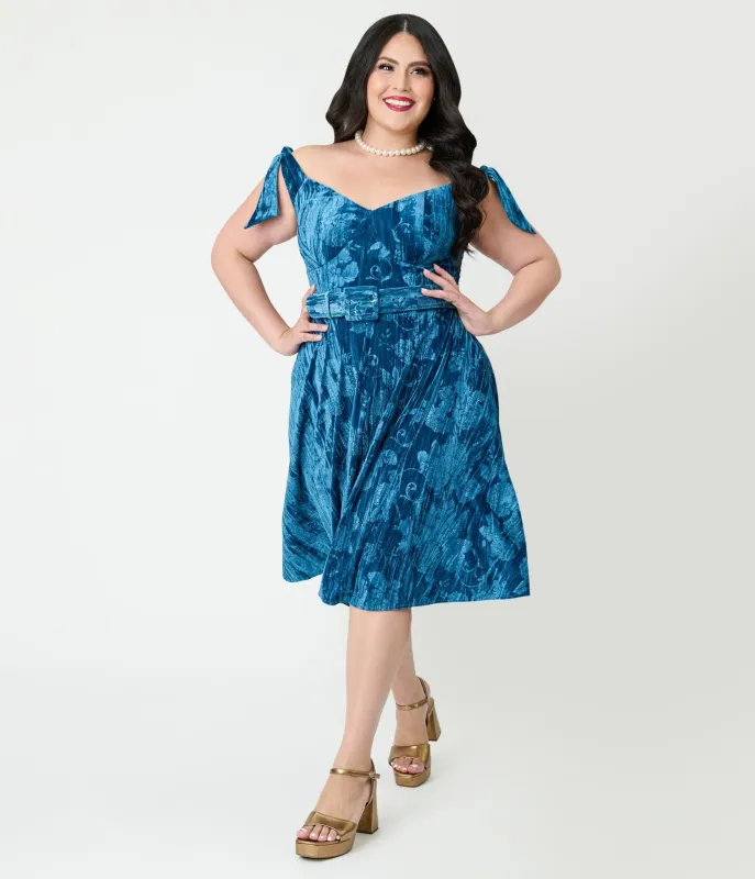Unique Vintage Plus Size Blue Floral Embossed Velvet Prairie Swing Dress sold by Unique Vintage