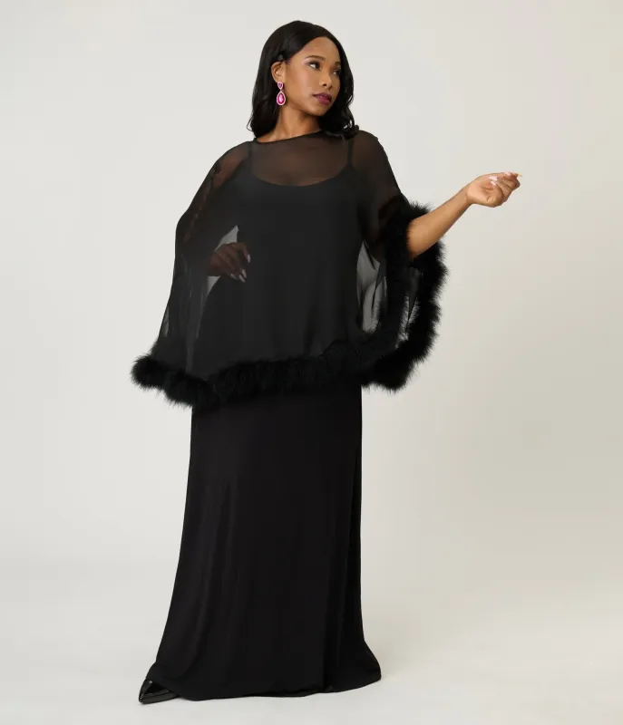 Smak Parlour Plus Size Black Feathered Cape Maxi Dress sold by Unique Vintage
