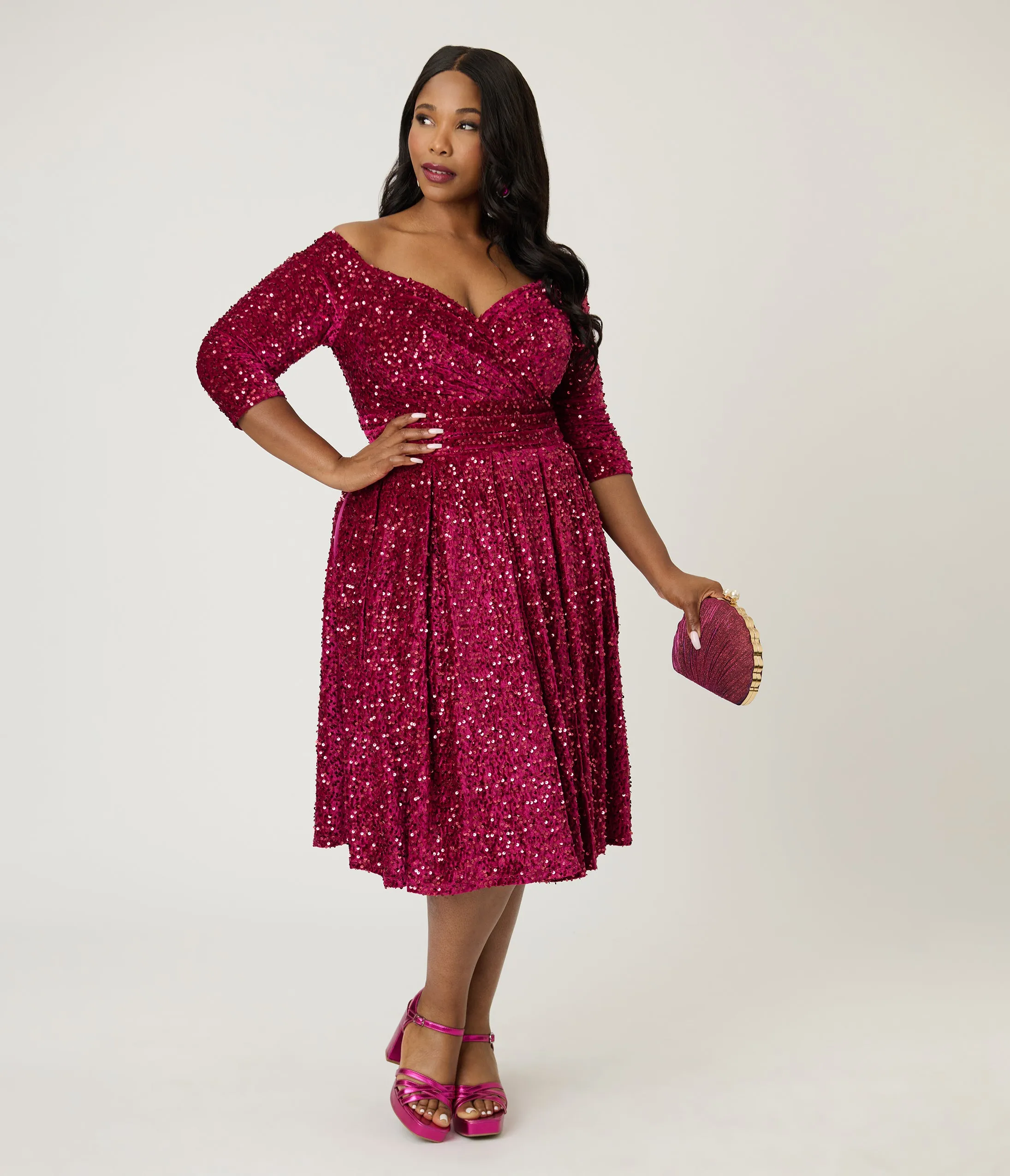 Unique Vintage Plus Size Burgundy Velvet Sequin Marceline Swing Dress sold by Unique Vintage