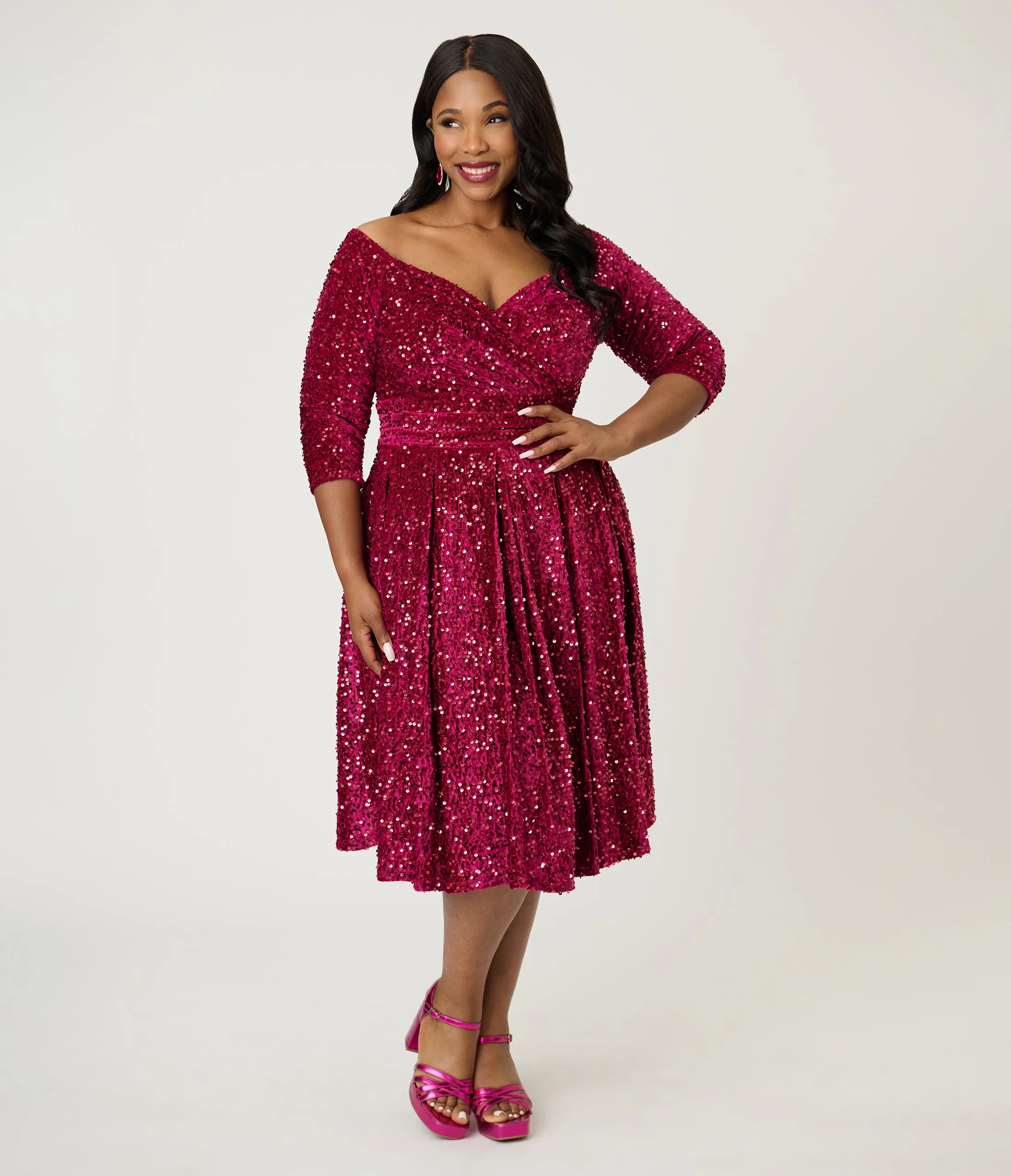 Unique Vintage Plus Size Burgundy Velvet Sequin Marceline Swing Dress sold by Unique Vintage product image thumbnail 3