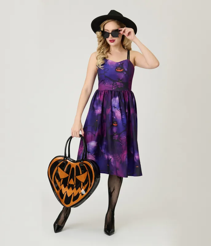 Purple Spooky Forest Jack-O-Lantern Print Swing Dress sold by Unique Vintage