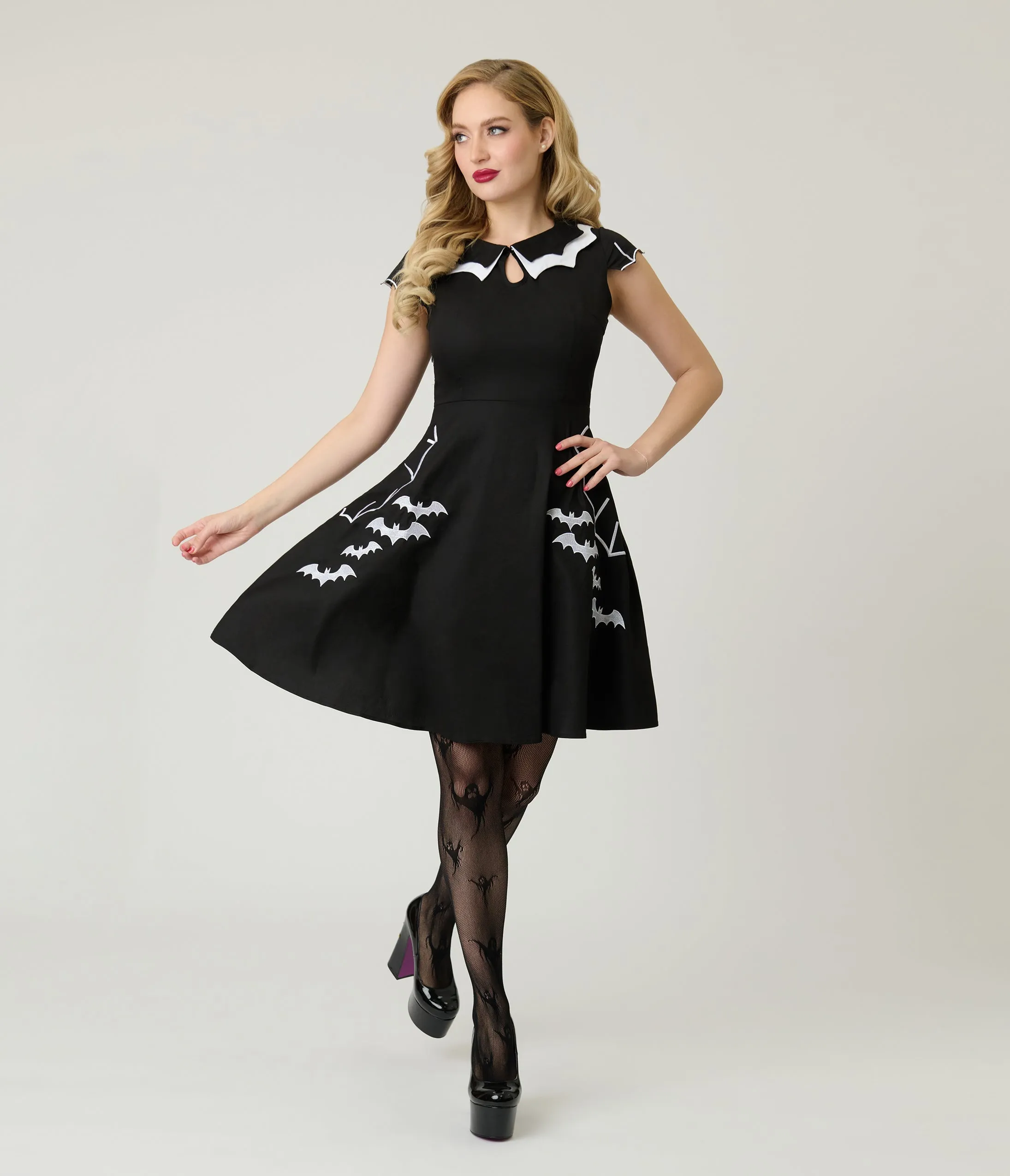 Black & White Bat Cotton Flare Dress sold by Unique Vintage product image thumbnail 3