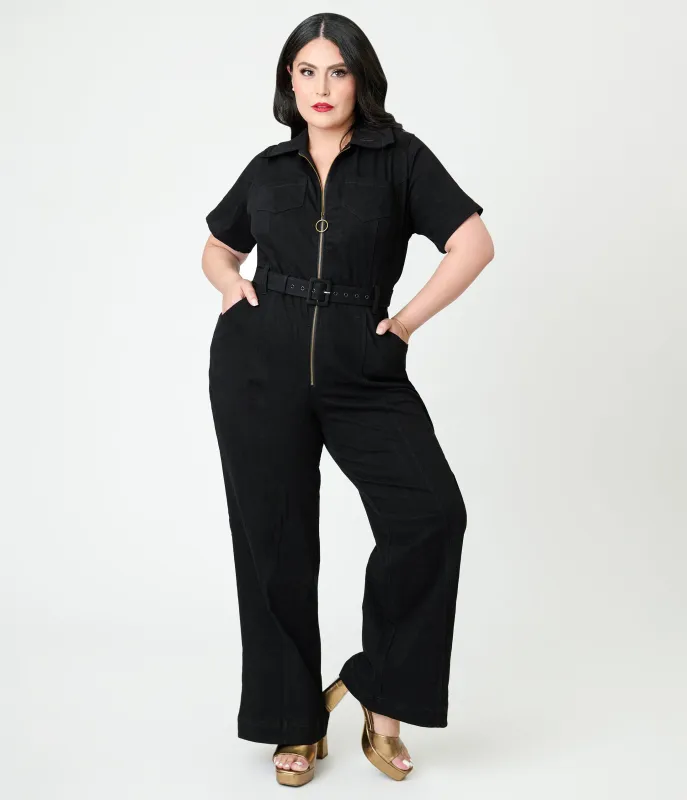 Unique Vintage Plus Size Black Denim Belted Jumpsuit sold by Unique Vintage