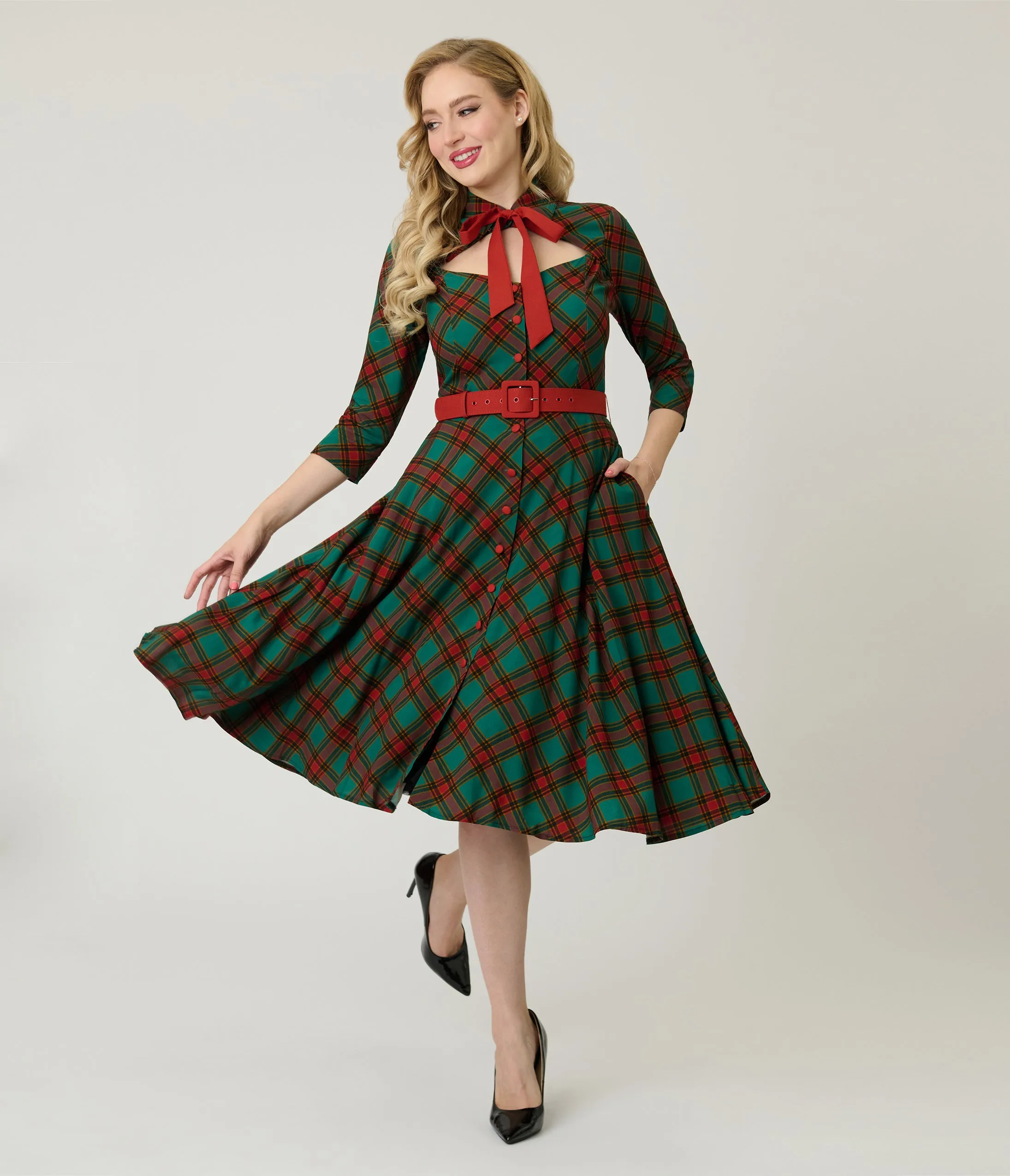 Unique Vintage Green & Red Bias Plaid Swing Dress sold by Unique Vintage