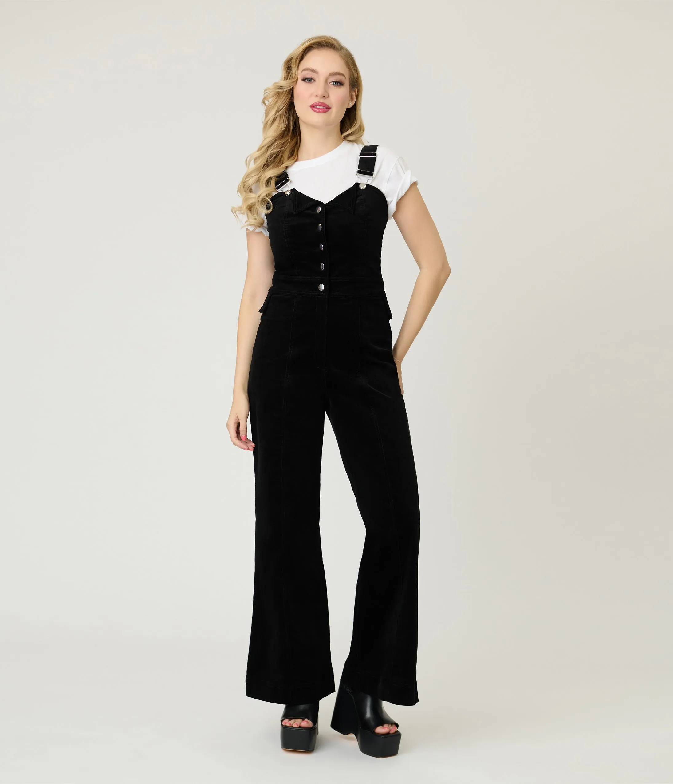 Smak Parlour Black Corduroy Wide Leg Dungarees sold by Unique Vintage product image thumbnail 3