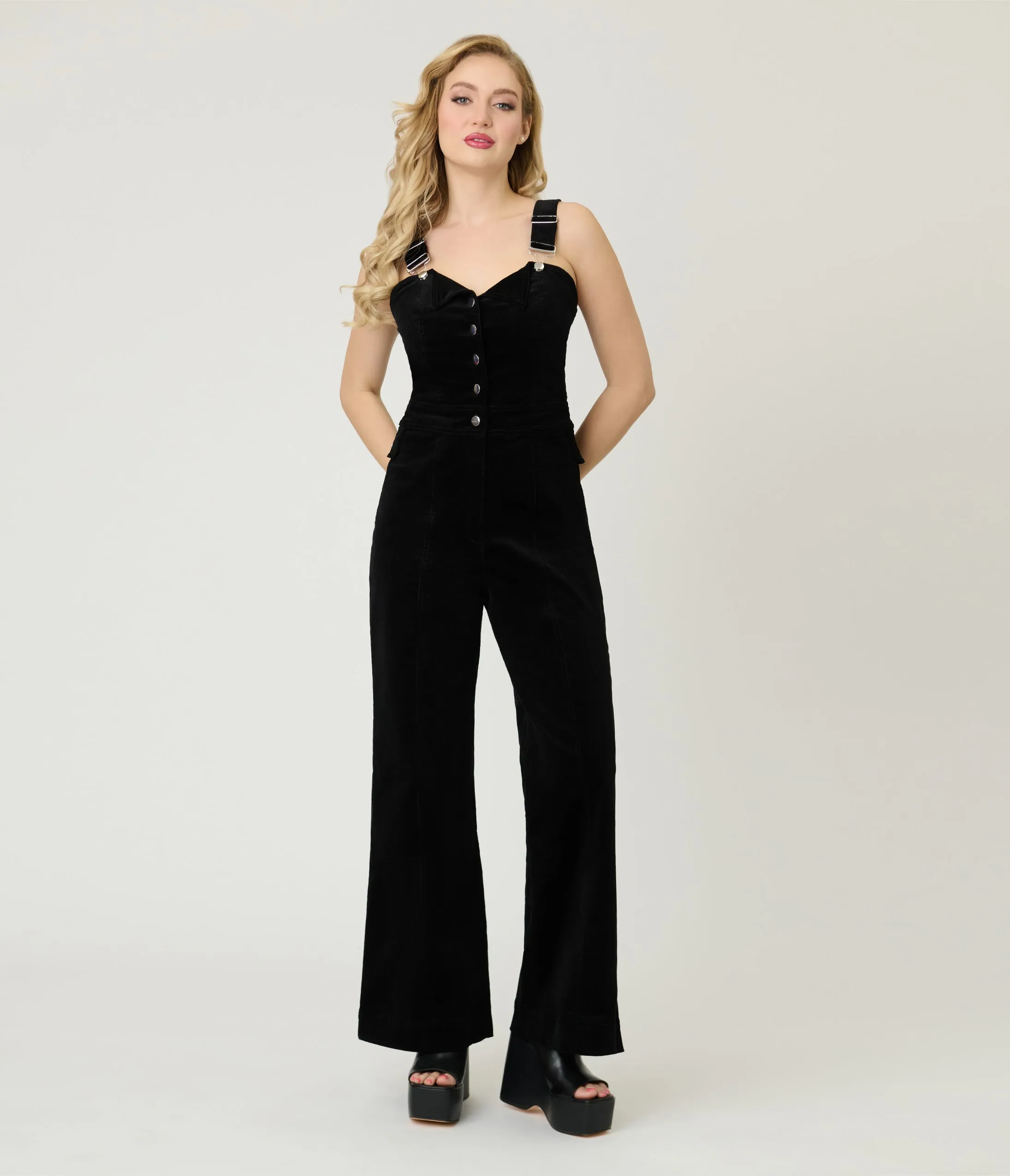 Smak Parlour Black Corduroy Wide Leg Dungarees sold by Unique Vintage product image thumbnail 4