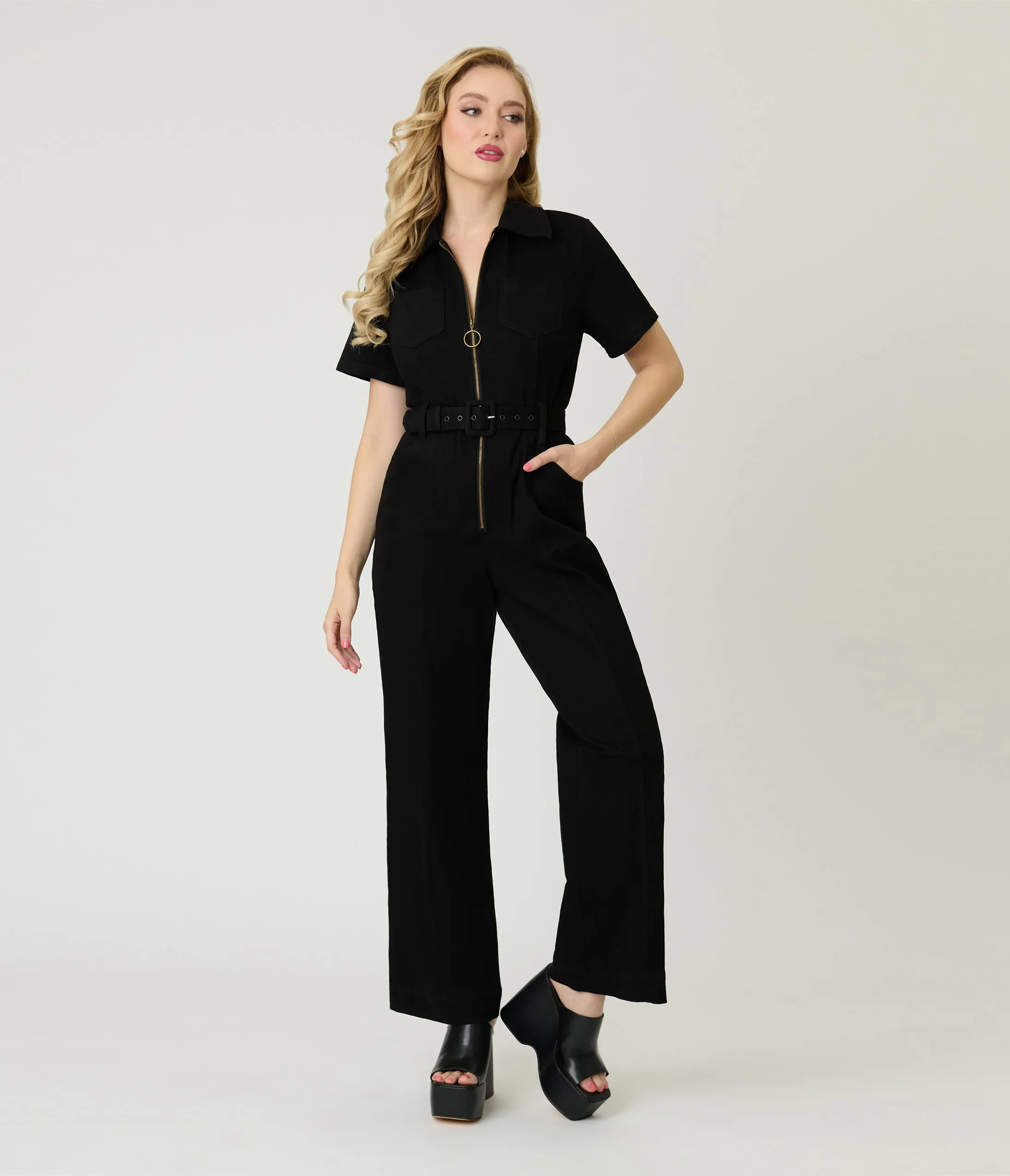 Unique Vintage Black Denim Belted Jumpsuit sold by Unique Vintage