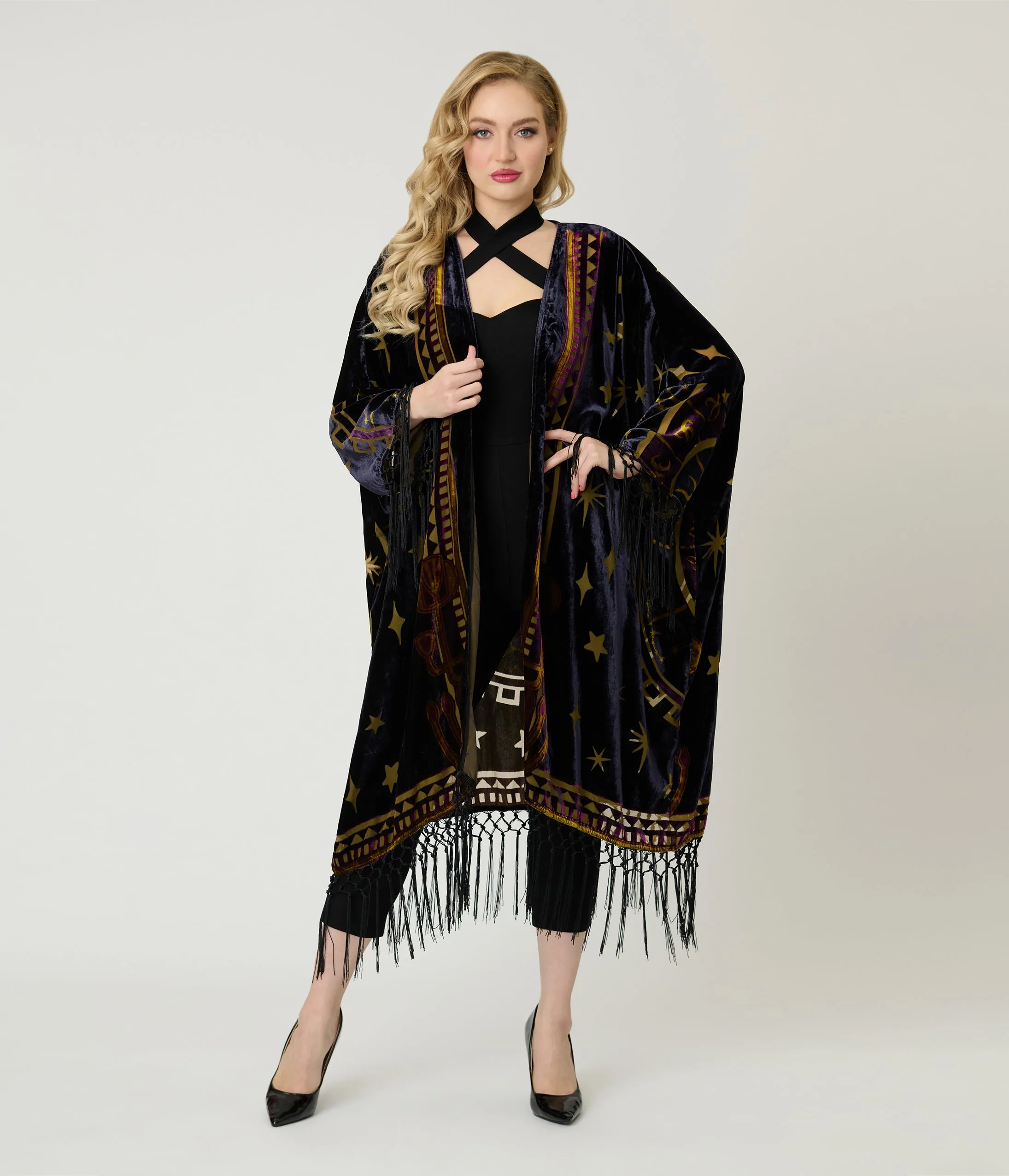 Unique Vintage Purple & Gold Velvet Zodiac Fringe Kimono sold by Unique Vintage product image thumbnail 3