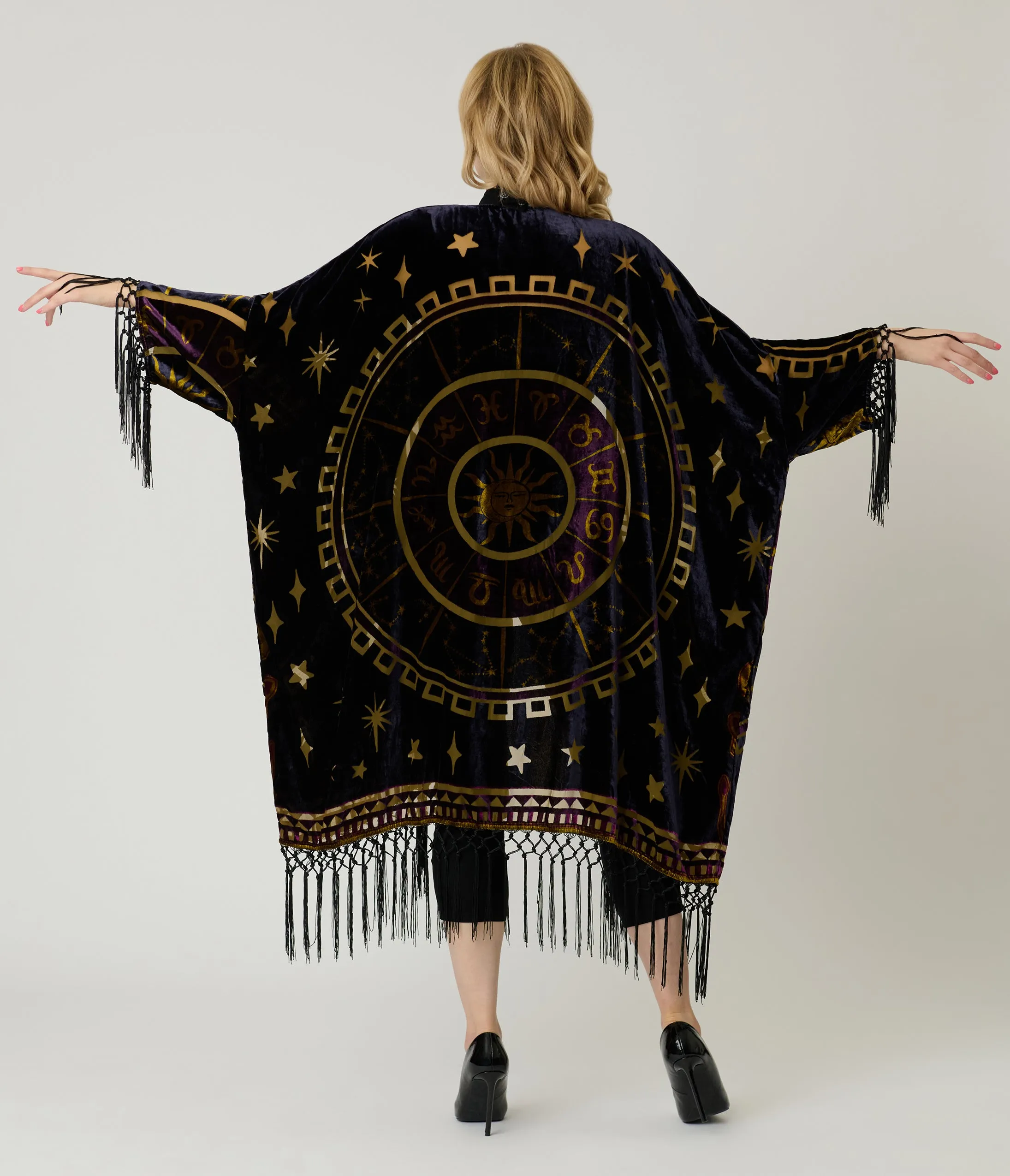 Unique Vintage Purple & Gold Velvet Zodiac Fringe Kimono sold by Unique Vintage