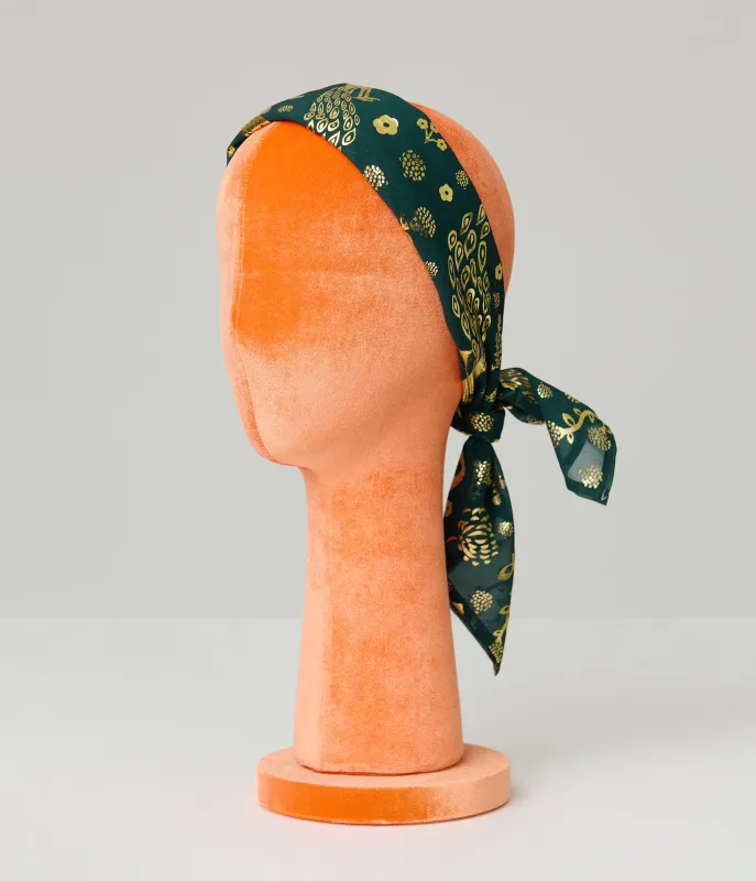 Unique Vintage Green & Gold Foil Peacock Printed Scarf sold by Unique Vintage