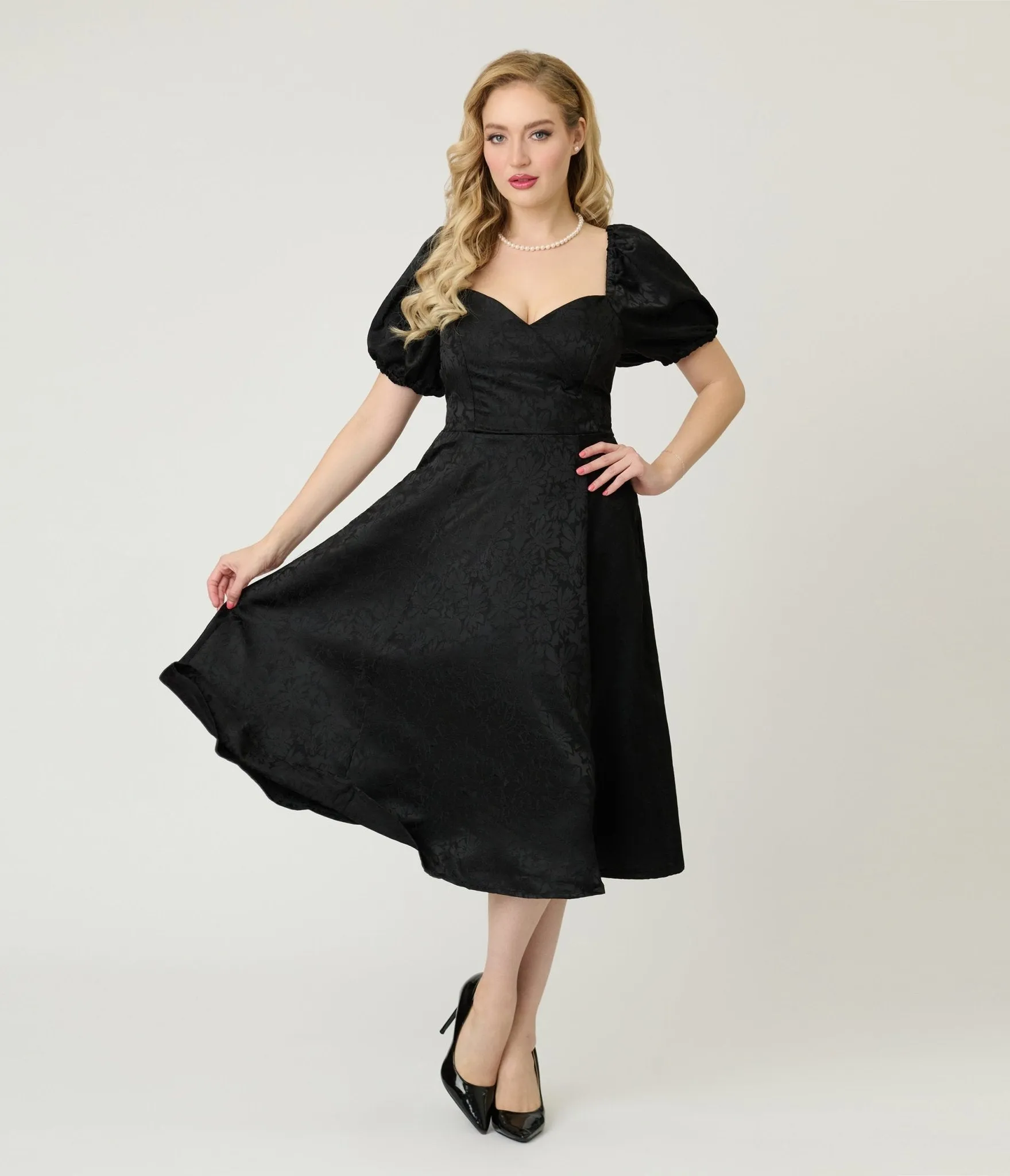 Unique Vintage Black Floral Jacquard Sweetheart Swing Dress sold by Unique Vintage product image thumbnail 3
