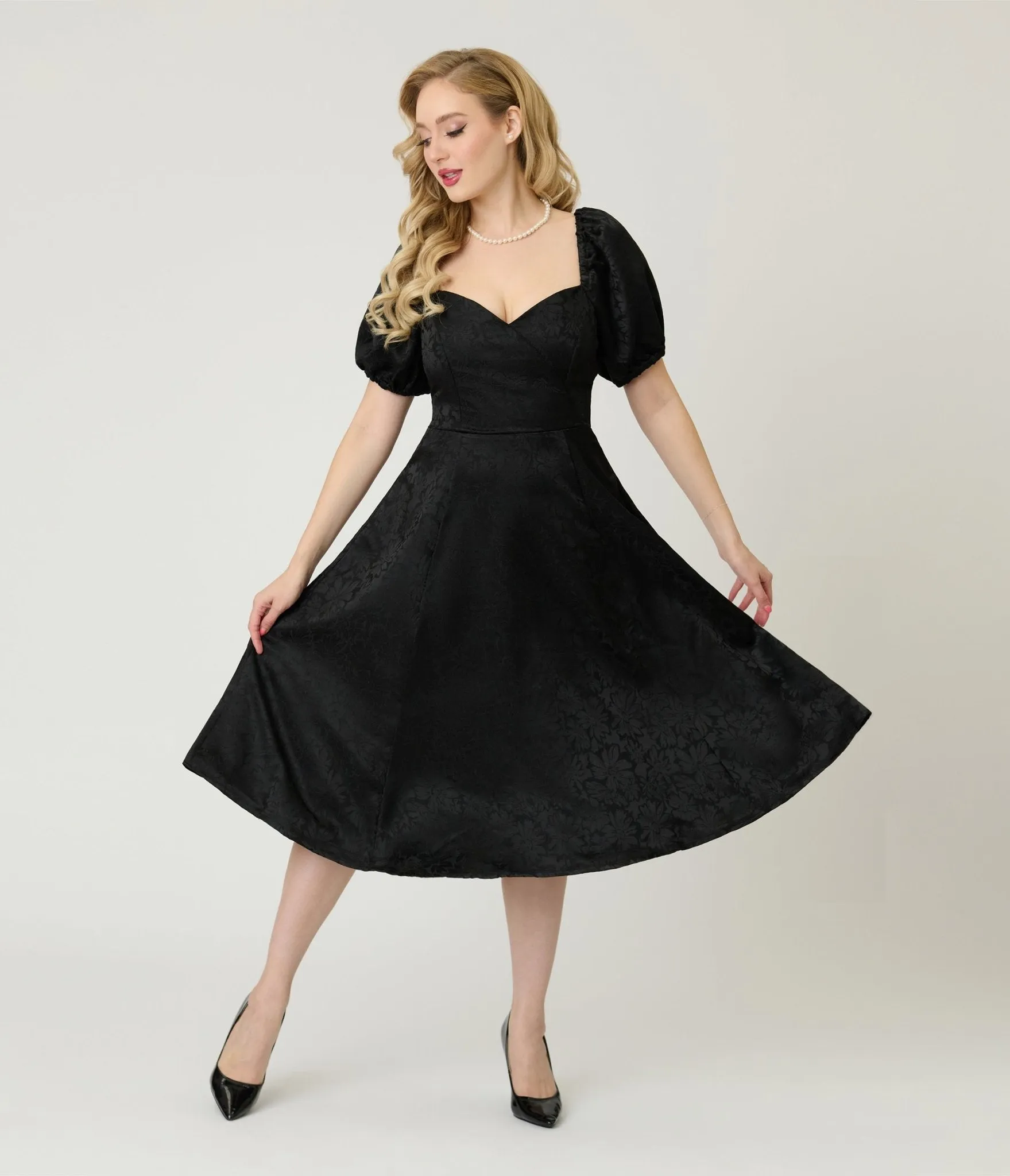 Unique Vintage Black Floral Jacquard Sweetheart Swing Dress sold by Unique Vintage