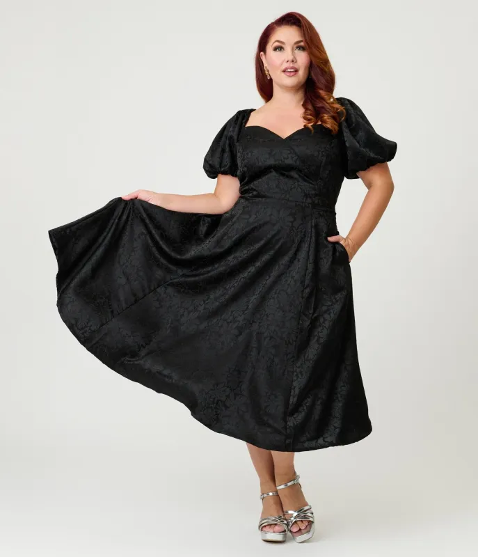 Unique Vintage Plus Size Black Floral Jacquard Sweetheart Swing Dress sold by Unique Vintage