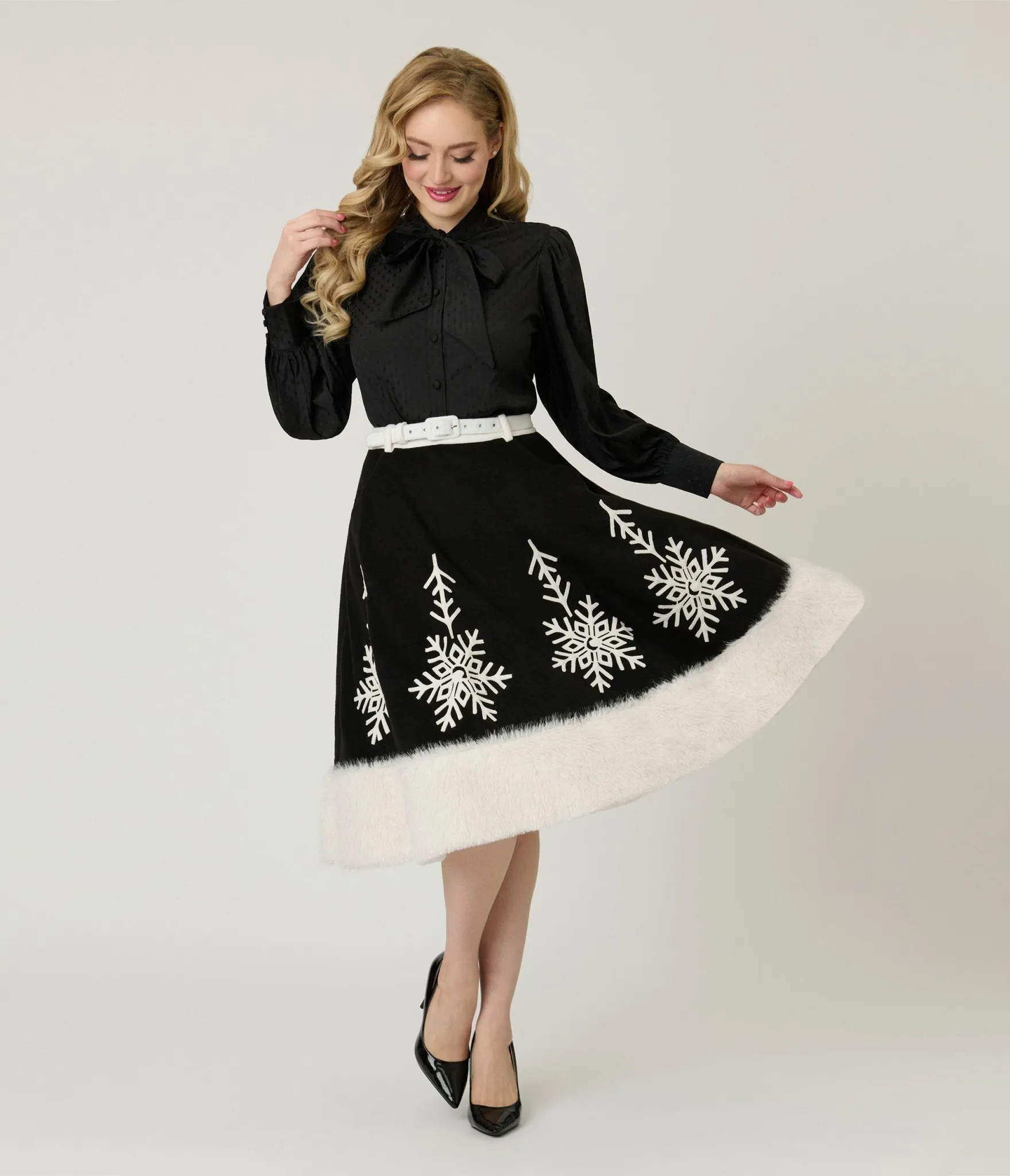 Unique Vintage Black Felt & White Fur Snowflake Soda Shop Swing Skirt sold by Unique Vintage