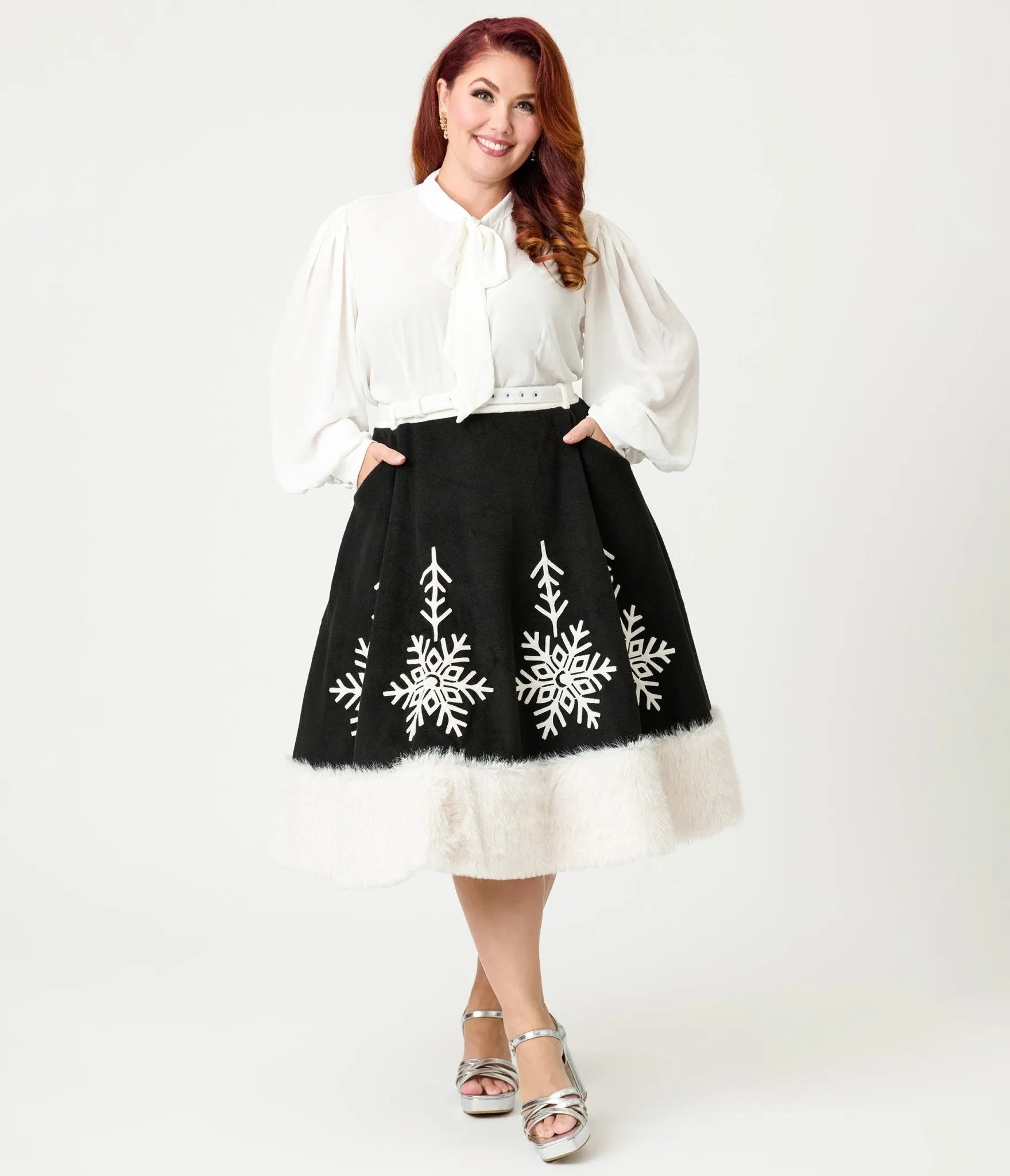 Unique Vintage Plus Size Black Felt & White Fur Snowflake Soda Shop Swing Skirt sold by Unique Vintage product image thumbnail 3