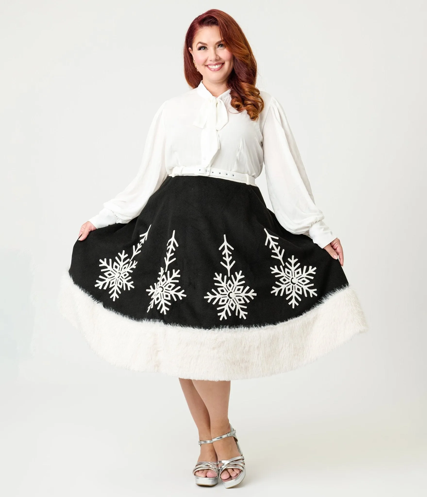 Unique Vintage Plus Size Black Felt & White Fur Snowflake Soda Shop Swing Skirt sold by Unique Vintage