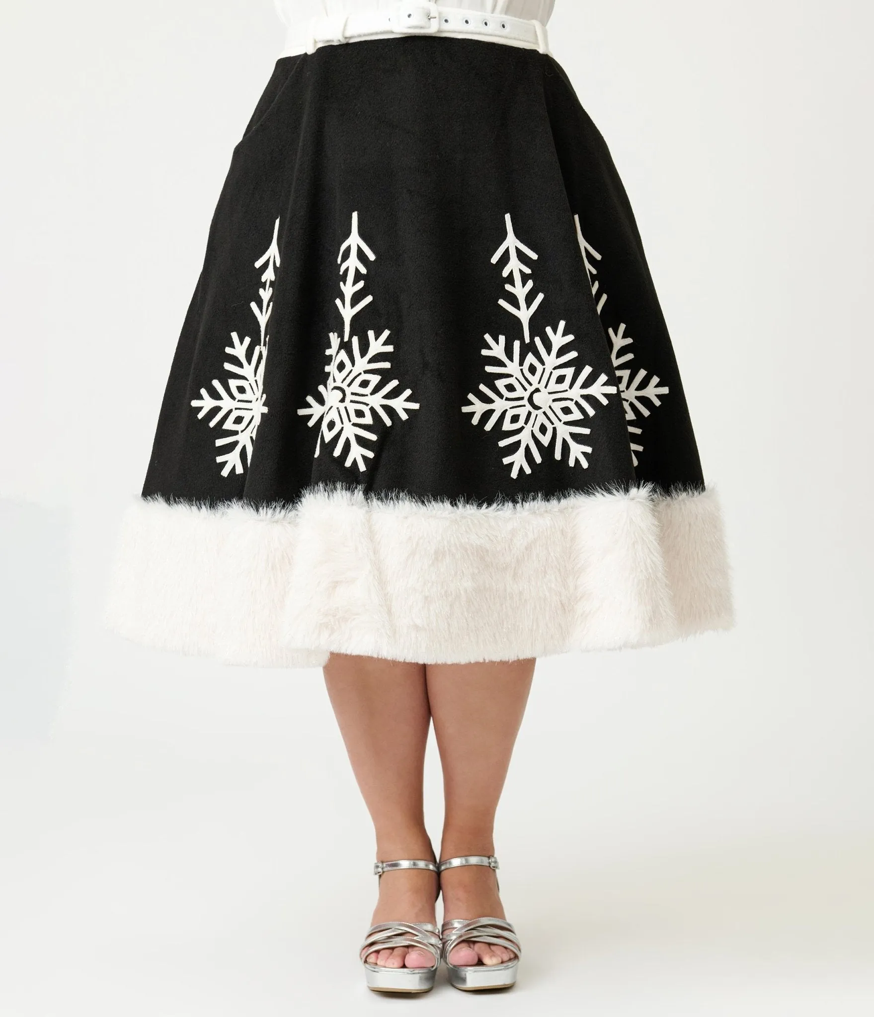 Unique Vintage Plus Size Black Felt & White Fur Snowflake Soda Shop Swing Skirt sold by Unique Vintage product image thumbnail 2