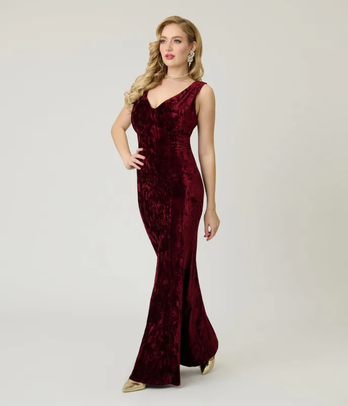 Unique Vintage Burgundy Textured Velvet Goldwyn Gown sold by Unique Vintage