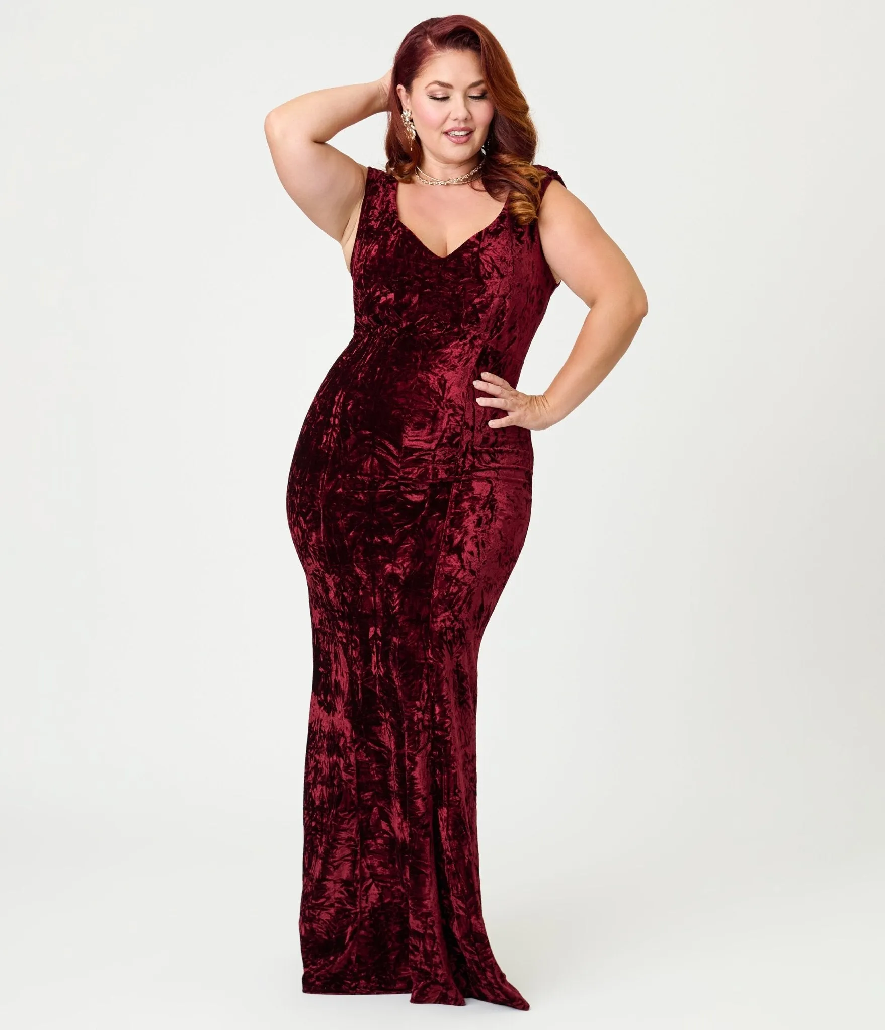 Unique Vintage Plus Size Burgundy Textured Velvet Goldwyn Gown sold by Unique Vintage