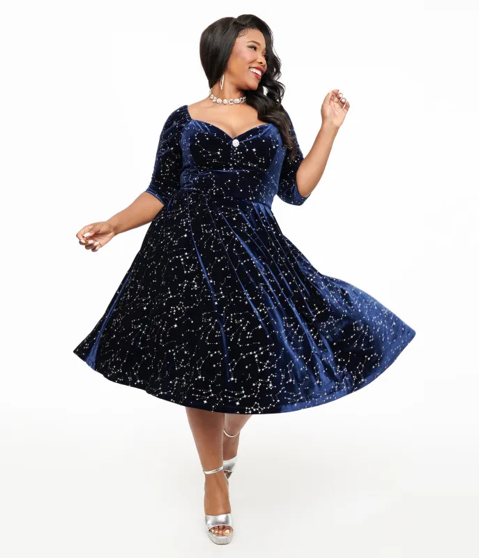 Unique Vintage Plus Size 1950s Navy & Silver Star Velvet Lamar Swing Dress sold by Unique Vintage