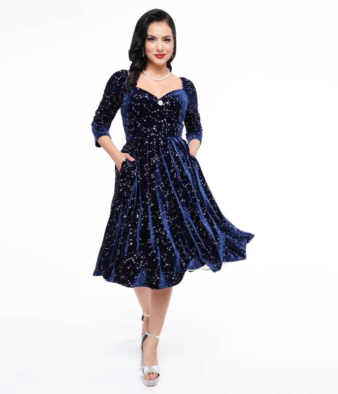 Unique Vintage 1950s Navy & Silver Star Velvet Lamar Swing Dress sold by Unique Vintage