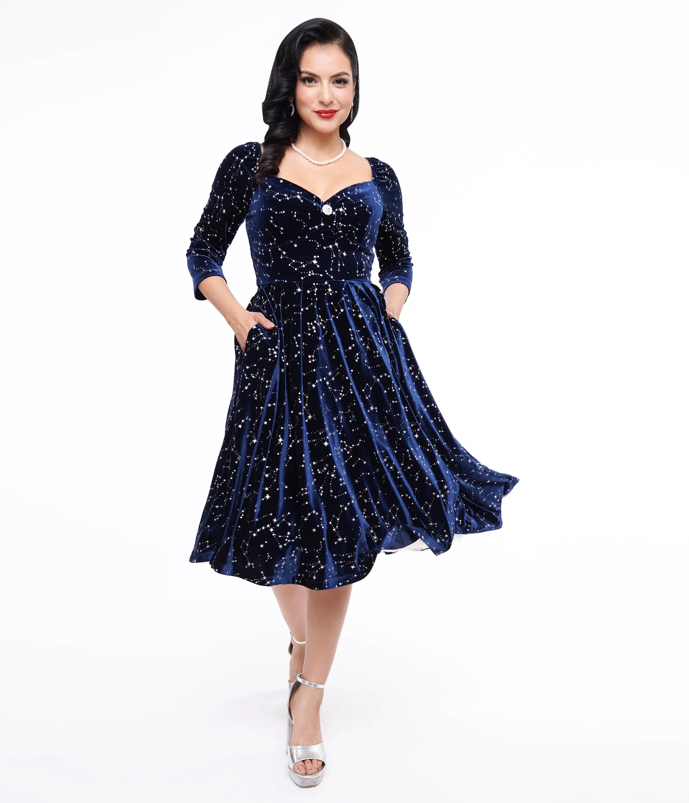 Unique Vintage 1950s Navy & Silver Star Velvet Lamar Swing Dress sold by Unique Vintage