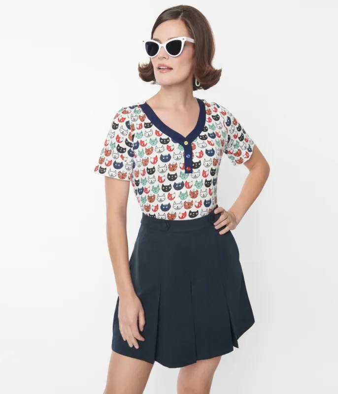 White & Multicolored Cats Knit Top sold by Unique Vintage