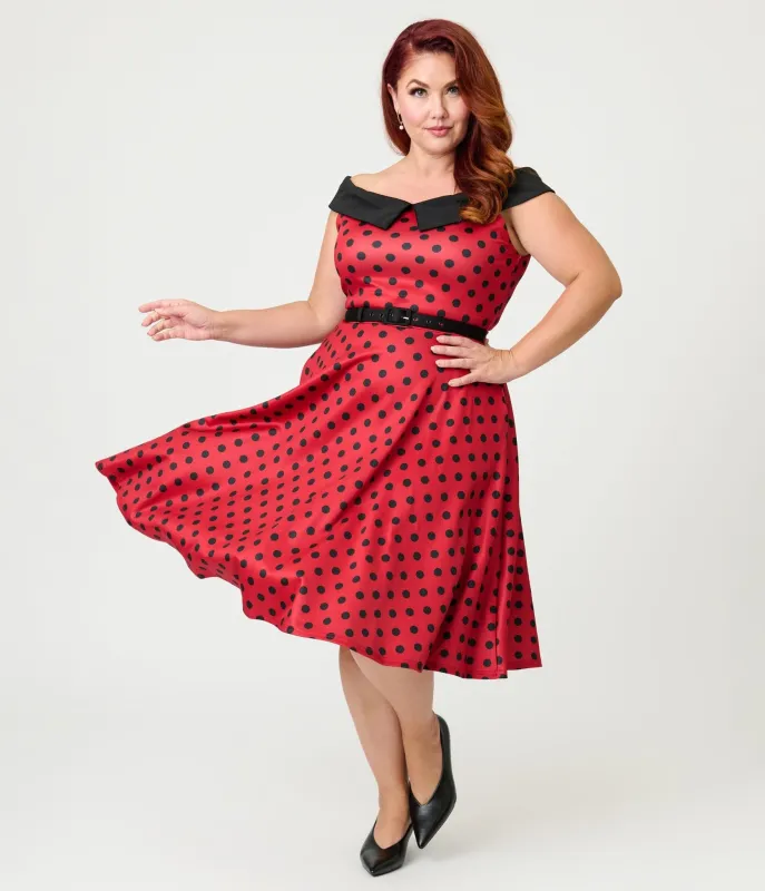 Unique Vintage Plus Size Red & Black Polka Dot Off the Shoulder Swing Dress sold by Unique Vintage