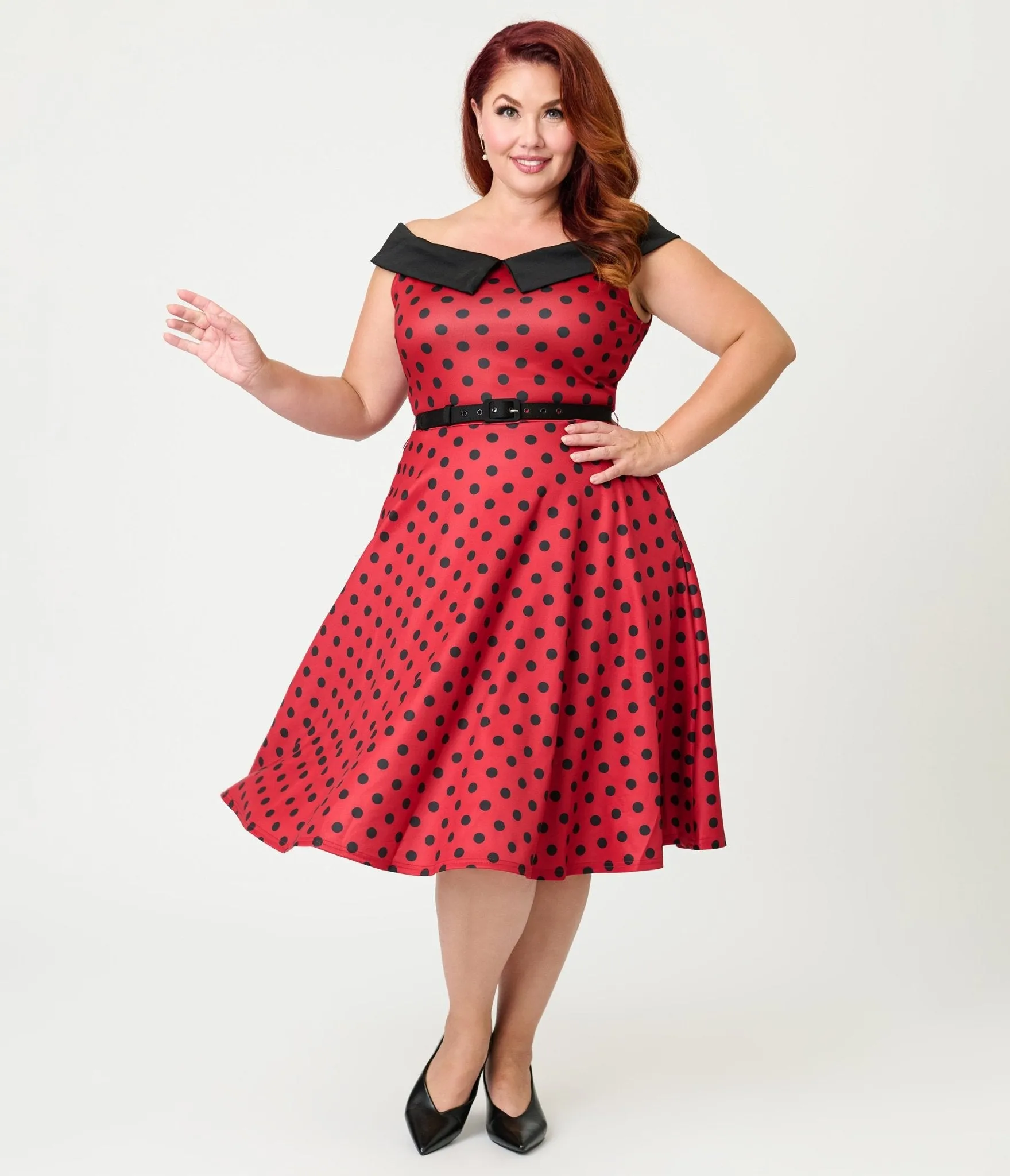 Unique Vintage Plus Size Red & Black Polka Dot Off the Shoulder Swing Dress sold by Unique Vintage product image thumbnail 4