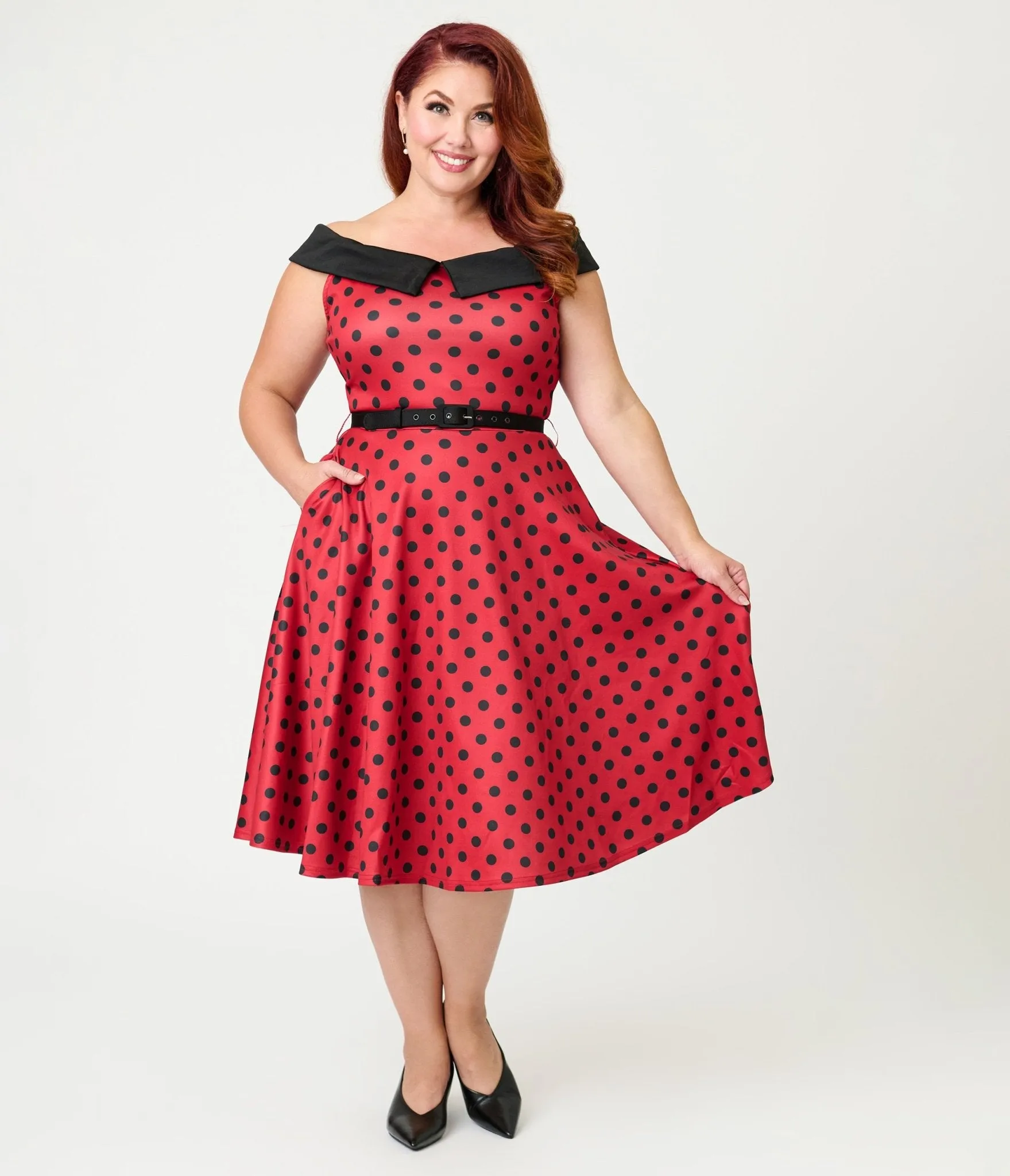 Unique Vintage Plus Size Red & Black Polka Dot Off the Shoulder Swing Dress sold by Unique Vintage product image thumbnail 3