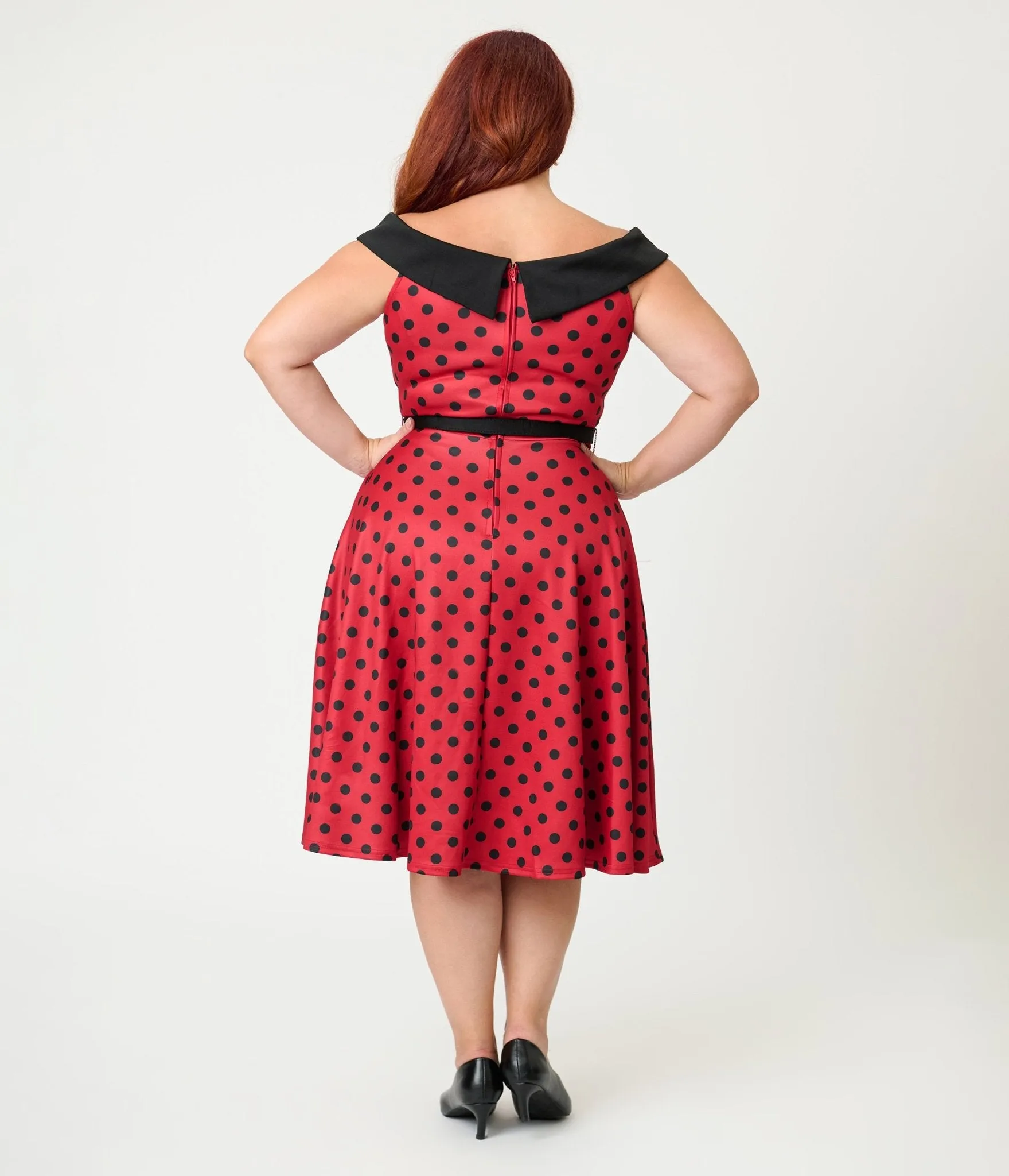 Unique Vintage Plus Size Red & Black Polka Dot Off the Shoulder Swing Dress sold by Unique Vintage product image thumbnail 2