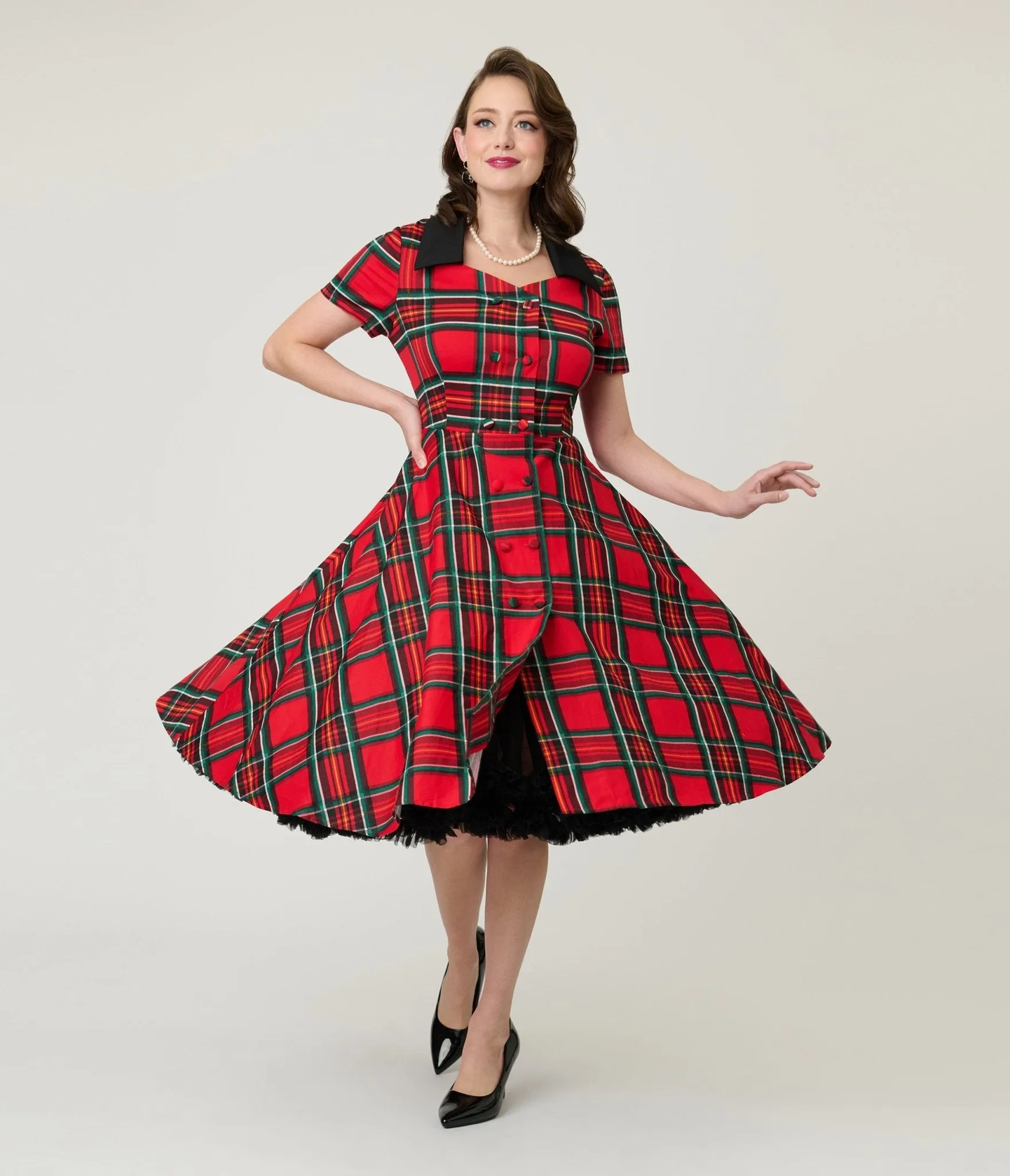 1950s Red Tartan Plaid Cotton Swing Dress sold by Unique Vintage product image thumbnail 3
