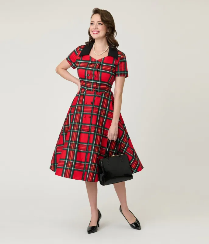 1950s Red Tartan Plaid Cotton Swing Dress sold by Unique Vintage