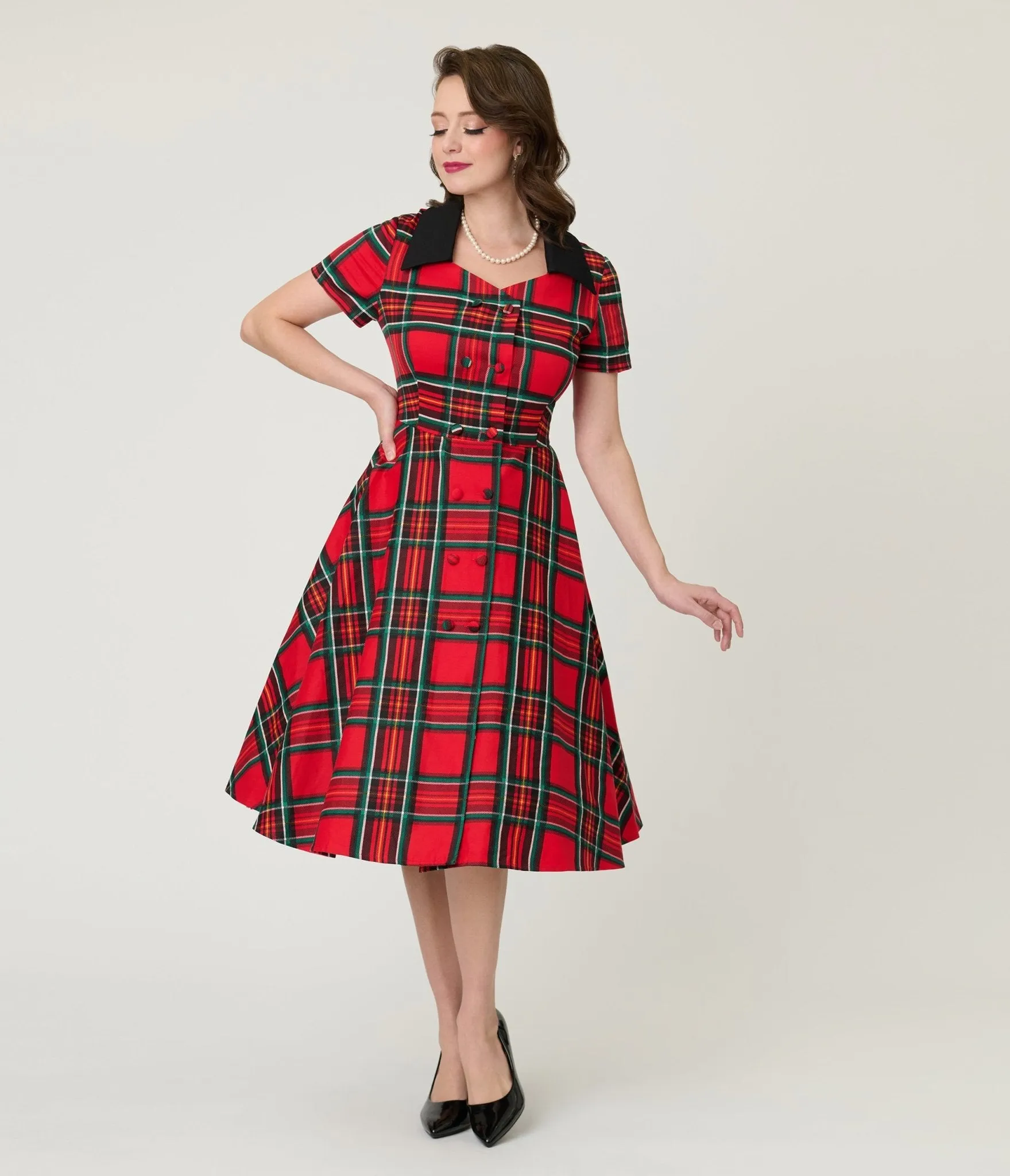 1950s Red Tartan Plaid Cotton Swing Dress sold by Unique Vintage product image thumbnail 4