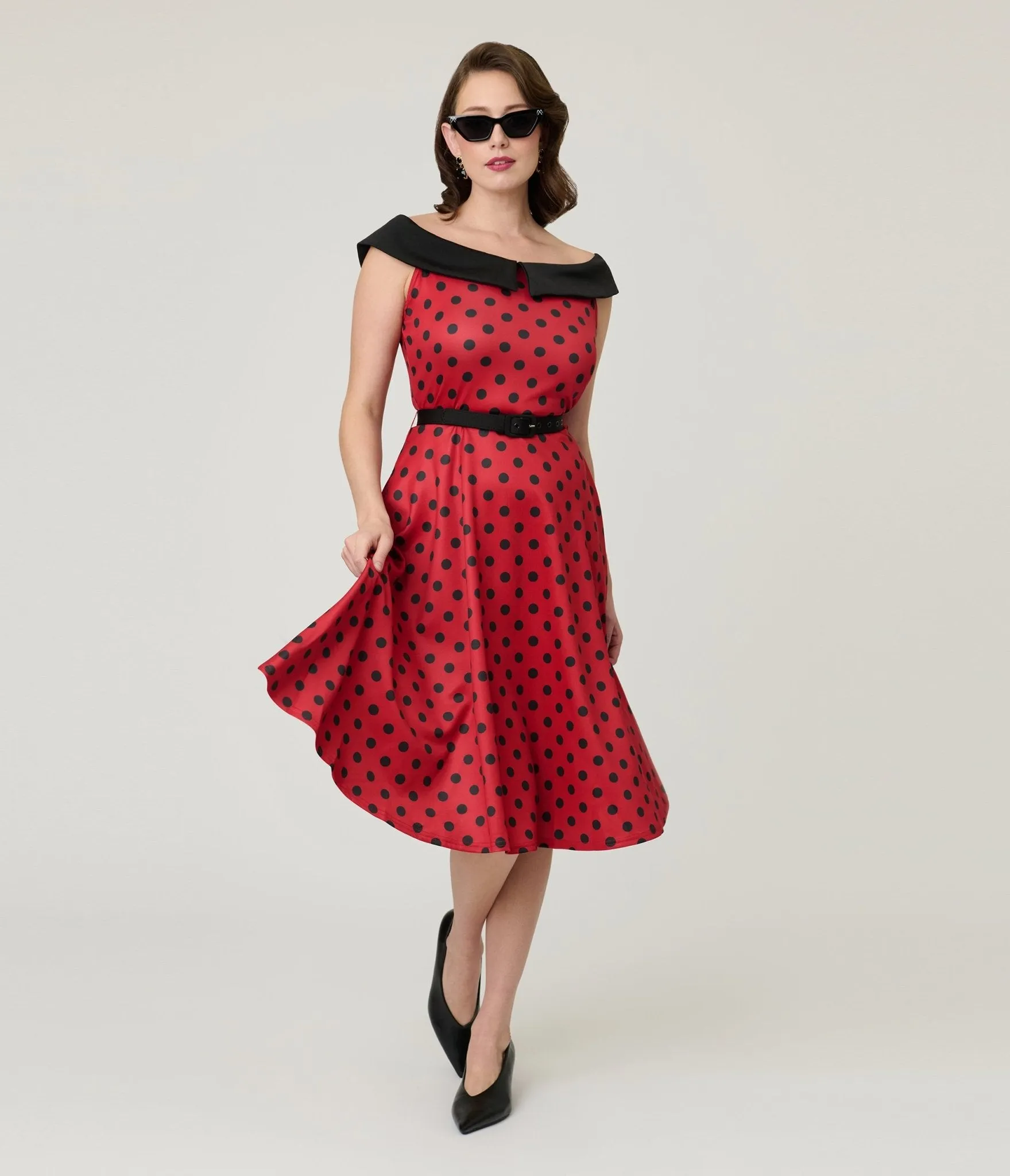 Unique Vintage Red & Black Polka Dot Off the Shoulder Swing Dress sold by Unique Vintage product image thumbnail 4