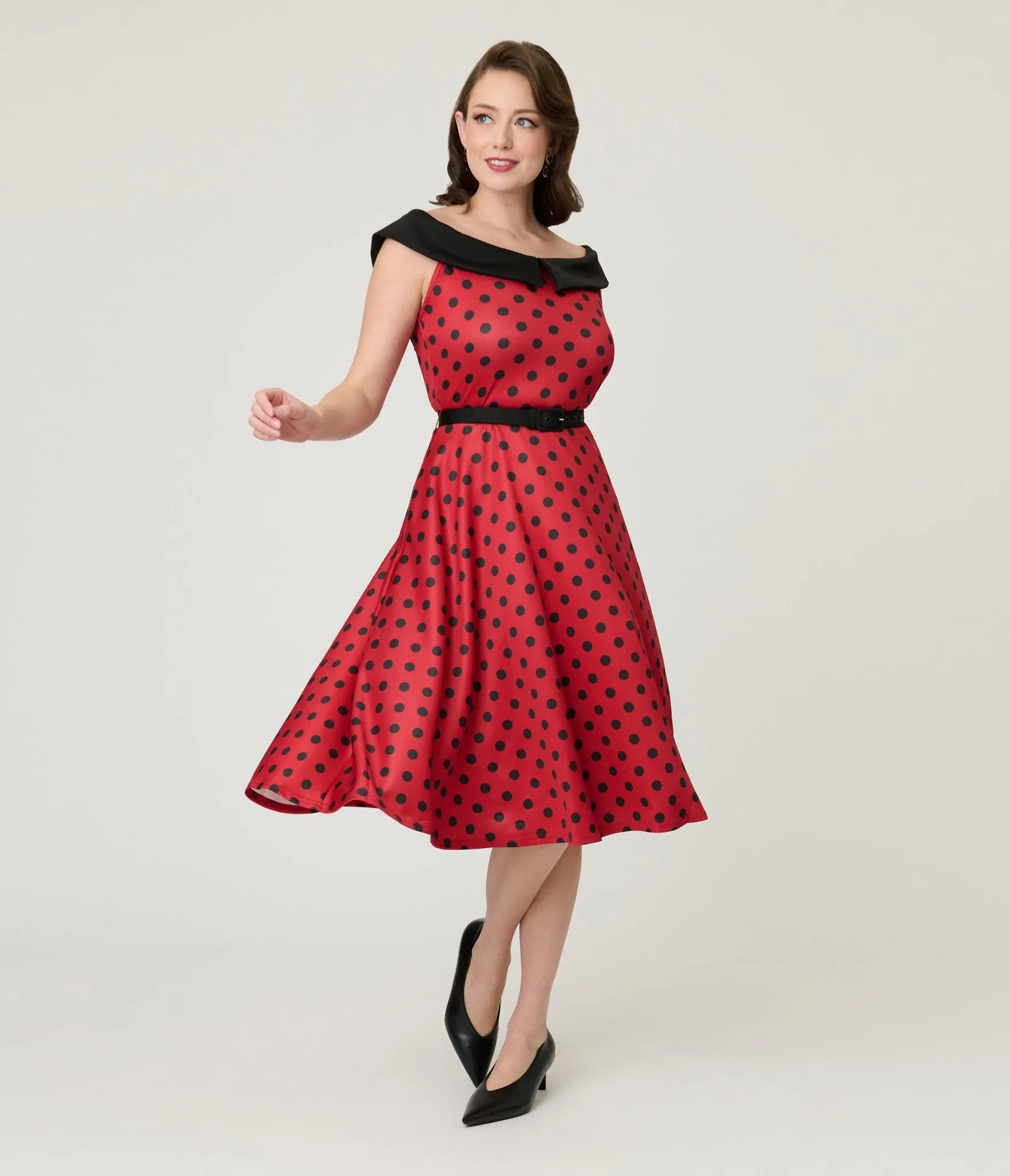 Unique Vintage Red & Black Polka Dot Off the Shoulder Swing Dress sold by Unique Vintage product image thumbnail 3