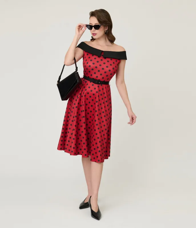 Unique Vintage Red & Black Polka Dot Off the Shoulder Swing Dress sold by Unique Vintage