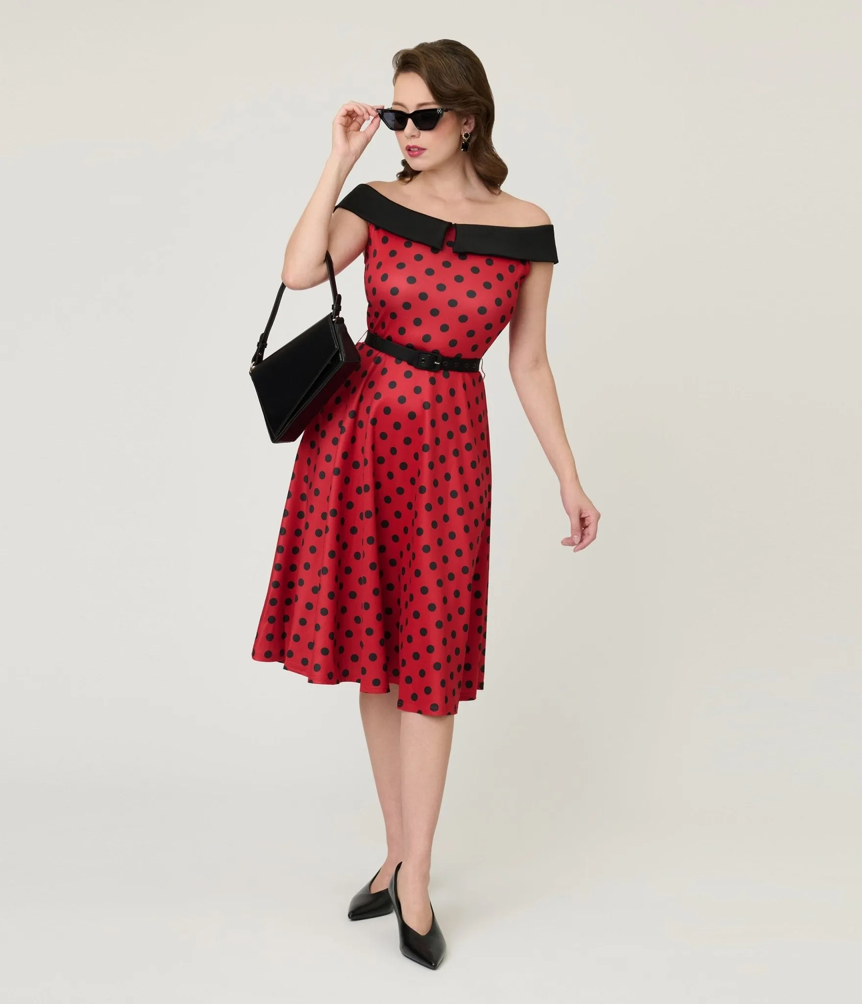 Unique Vintage Red & Black Polka Dot Off the Shoulder Swing Dress sold by Unique Vintage