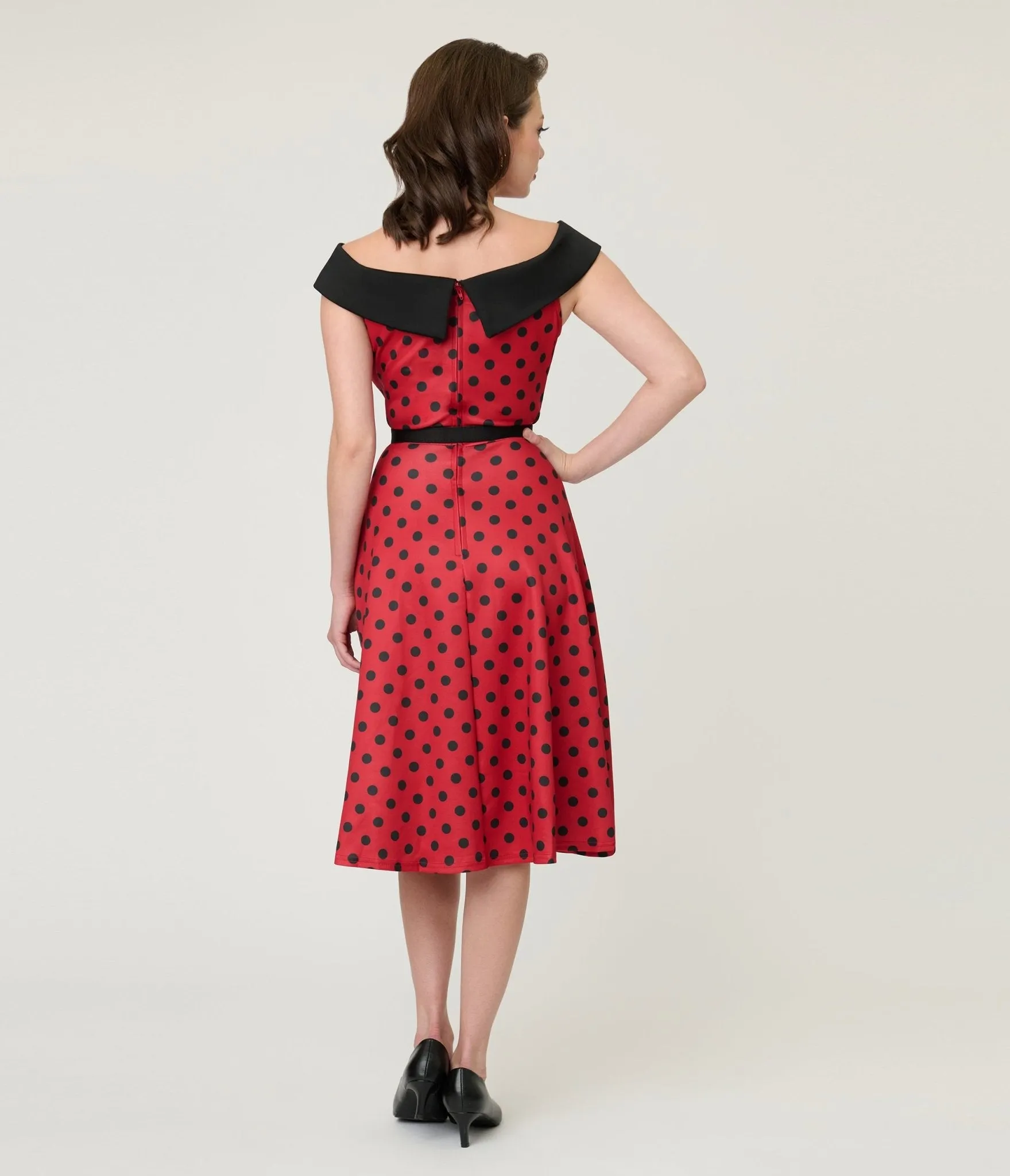 Unique Vintage Red & Black Polka Dot Off the Shoulder Swing Dress sold by Unique Vintage product image thumbnail 2