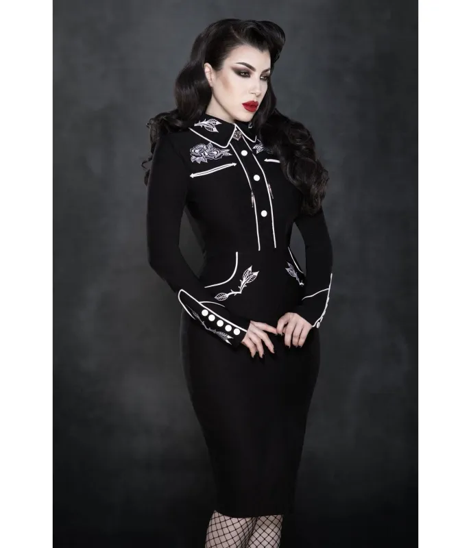 Katakomb Western Black & White Roses June Pencil Dress made by Unique Vintage