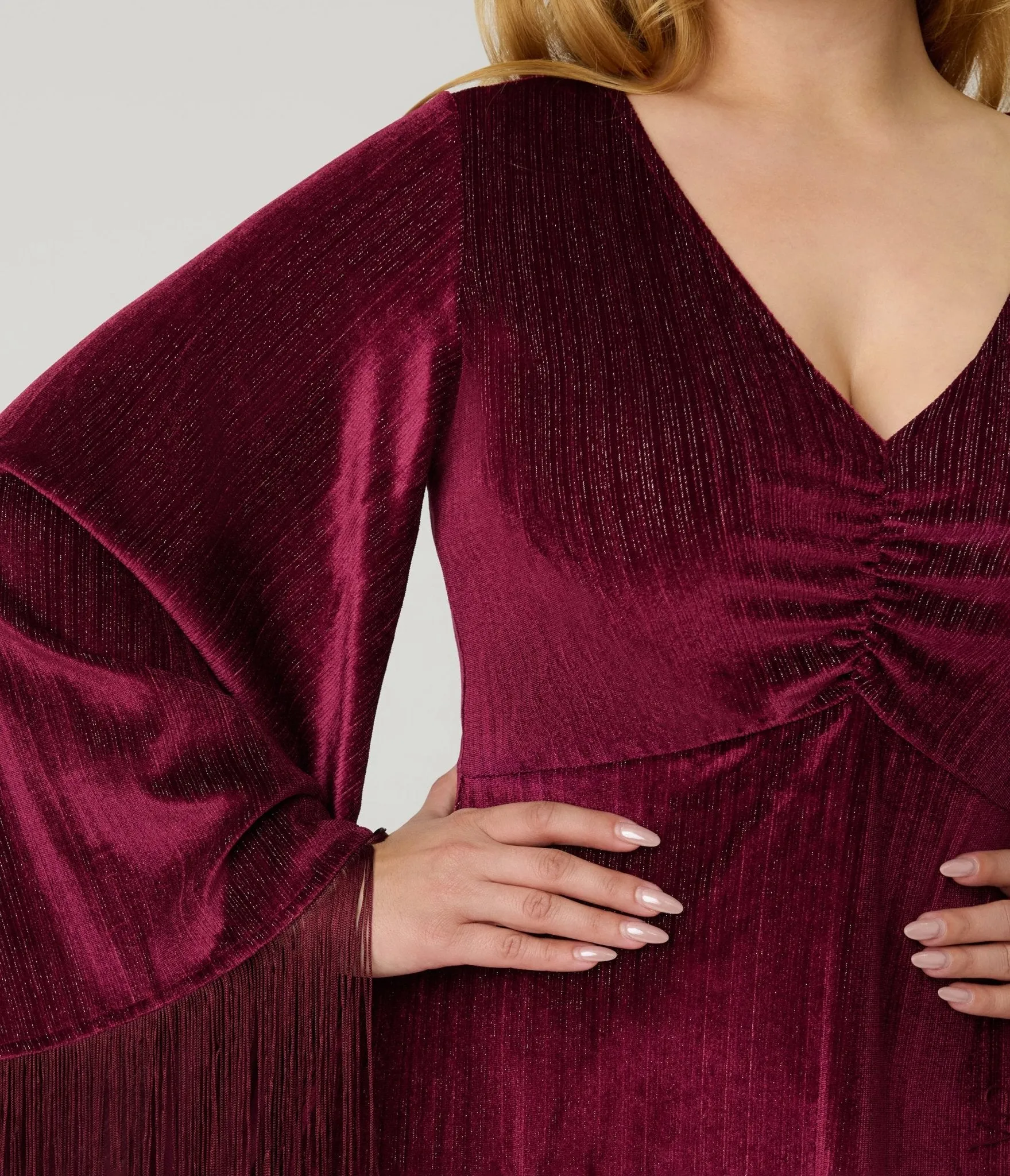 Smak Parlour Burgundy Glitter Velvet Fringe Sleeve Stevie Maxi Dress sold by Unique Vintage product image thumbnail 5