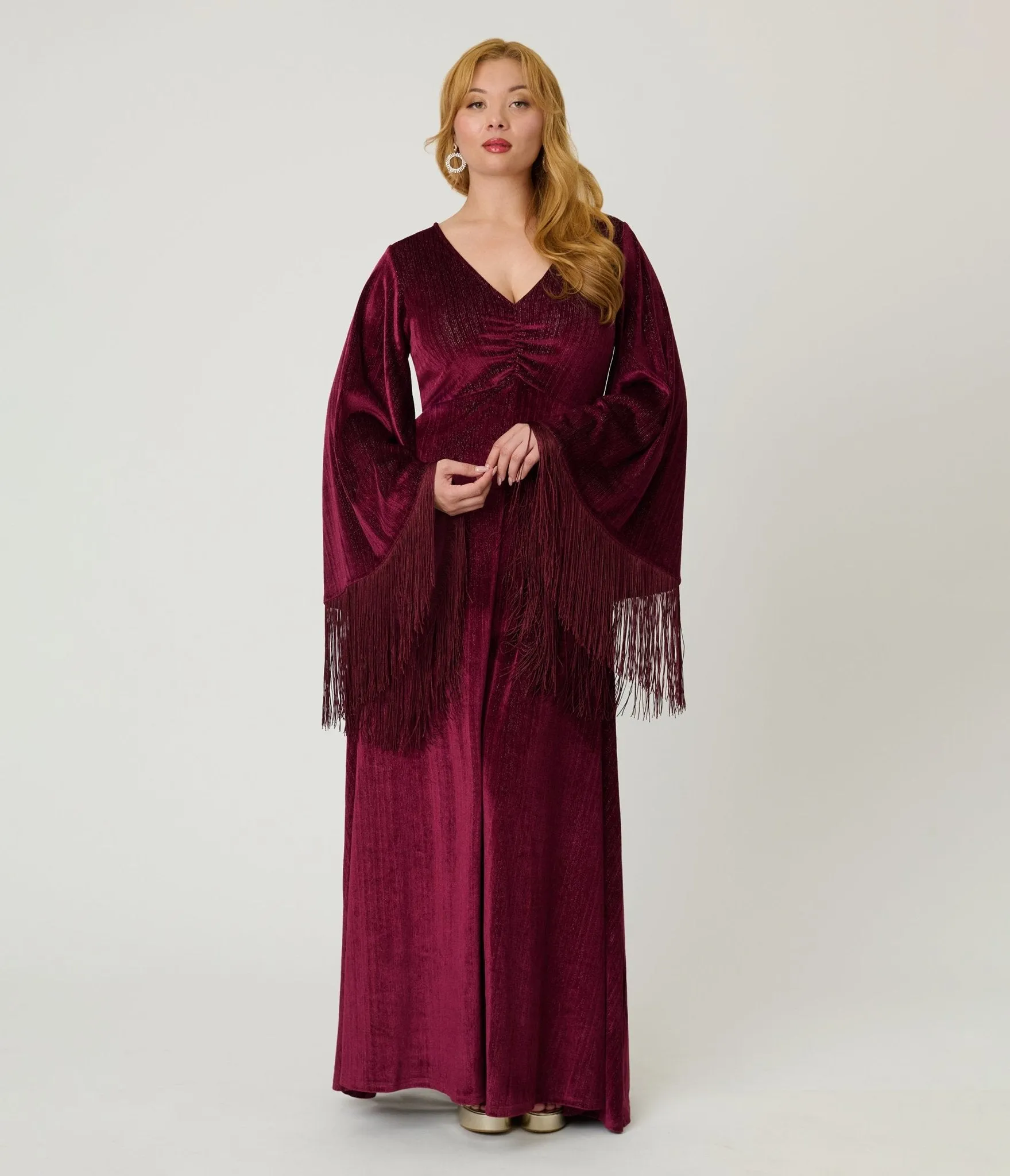 Smak Parlour Burgundy Glitter Velvet Fringe Sleeve Stevie Maxi Dress sold by Unique Vintage product image thumbnail 3
